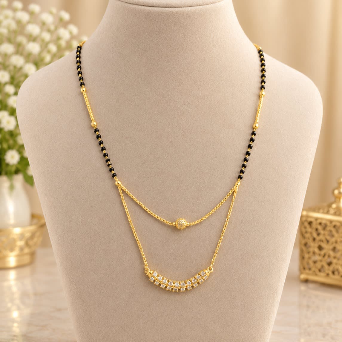 Elegant Double Layered Gold Plated Mangalsutra with American Diamonds