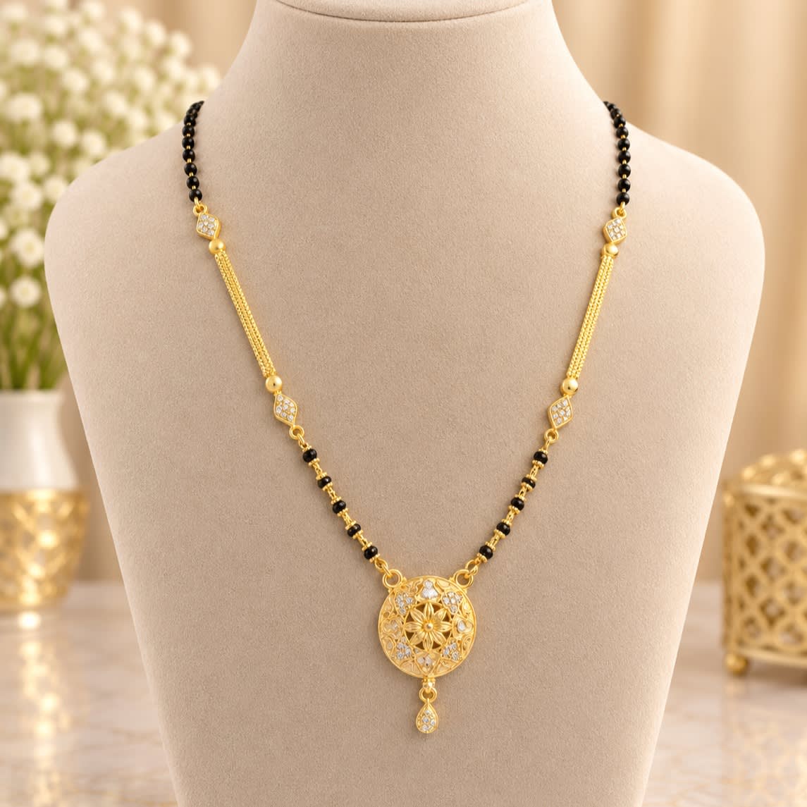 Elegant Gold Plated Mangalsutra with Black Beads and Floral Pendant