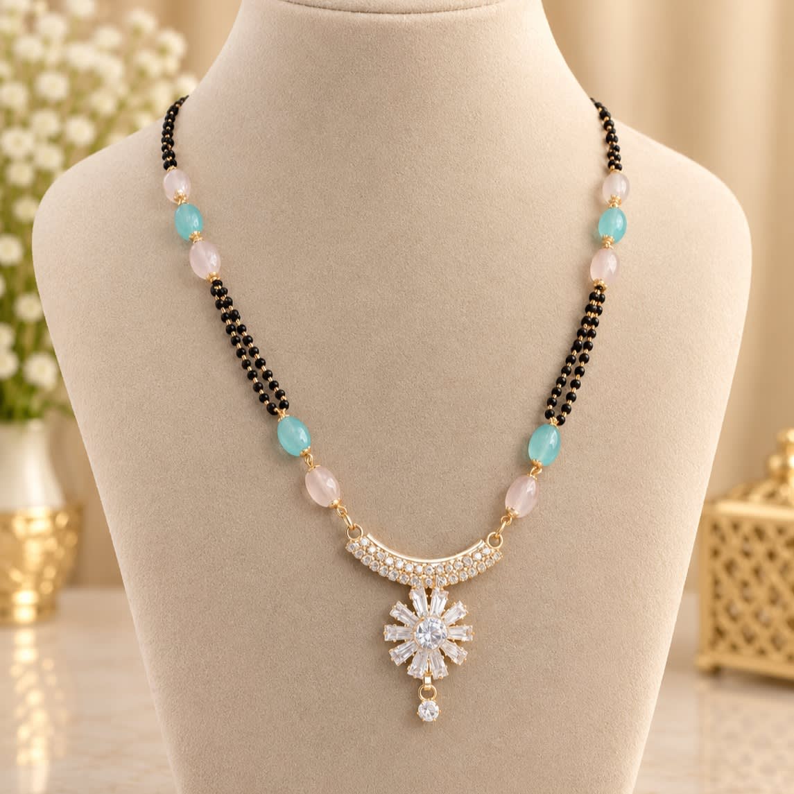 Elegant Gold Plated AD Stone Mangalsutra with Pastel Beads