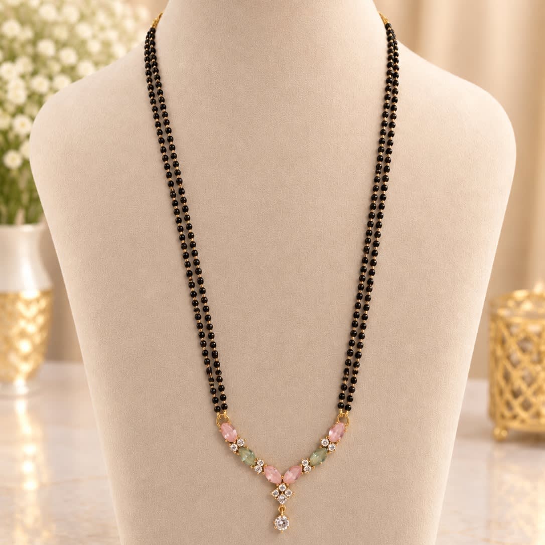 Elegant Double Strand Black Beaded Mangalsutra with Pastel Stone Pendant