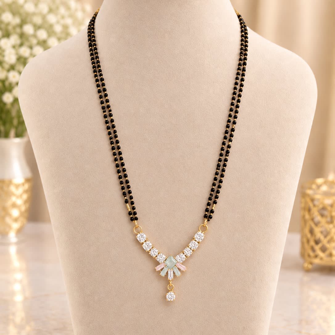 Elegant Gold Plated Dual Chain Mangalsutra with Pastel Stones