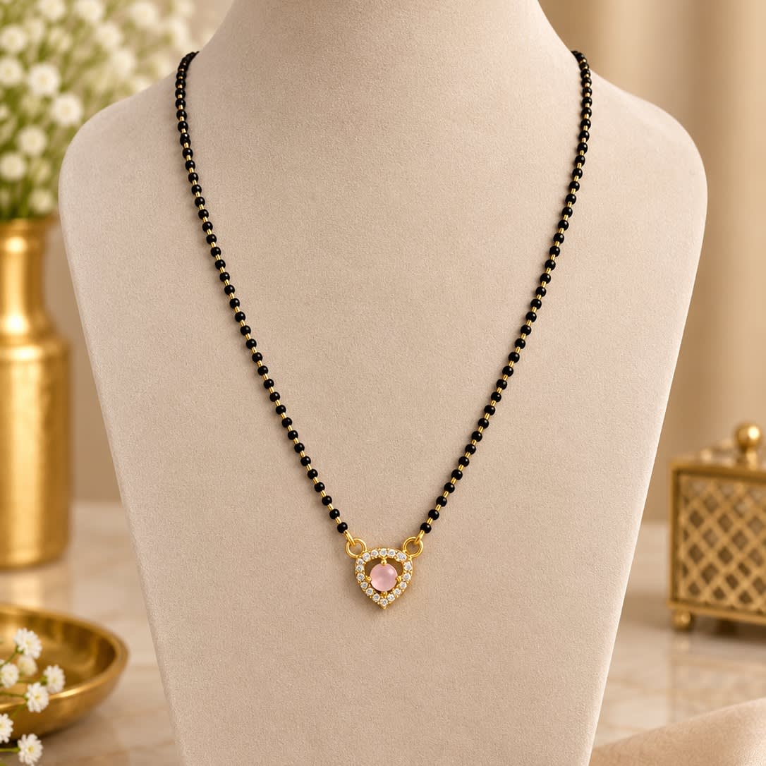 Elegant Gold Plated Heart Pendant Mangalsutra with Pink Stone