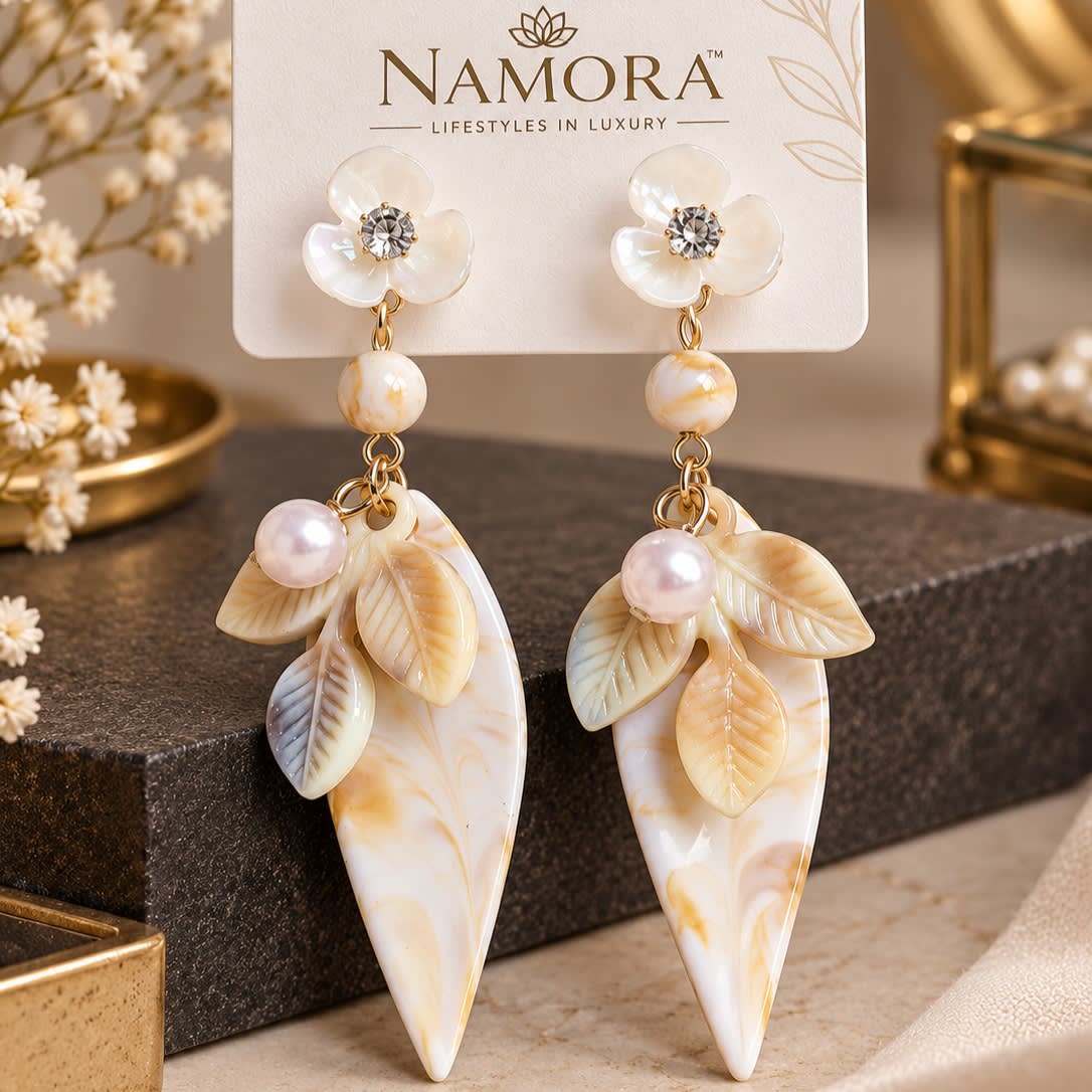 Namora Elegance White Floral Resin Leaf Dangle Earrings