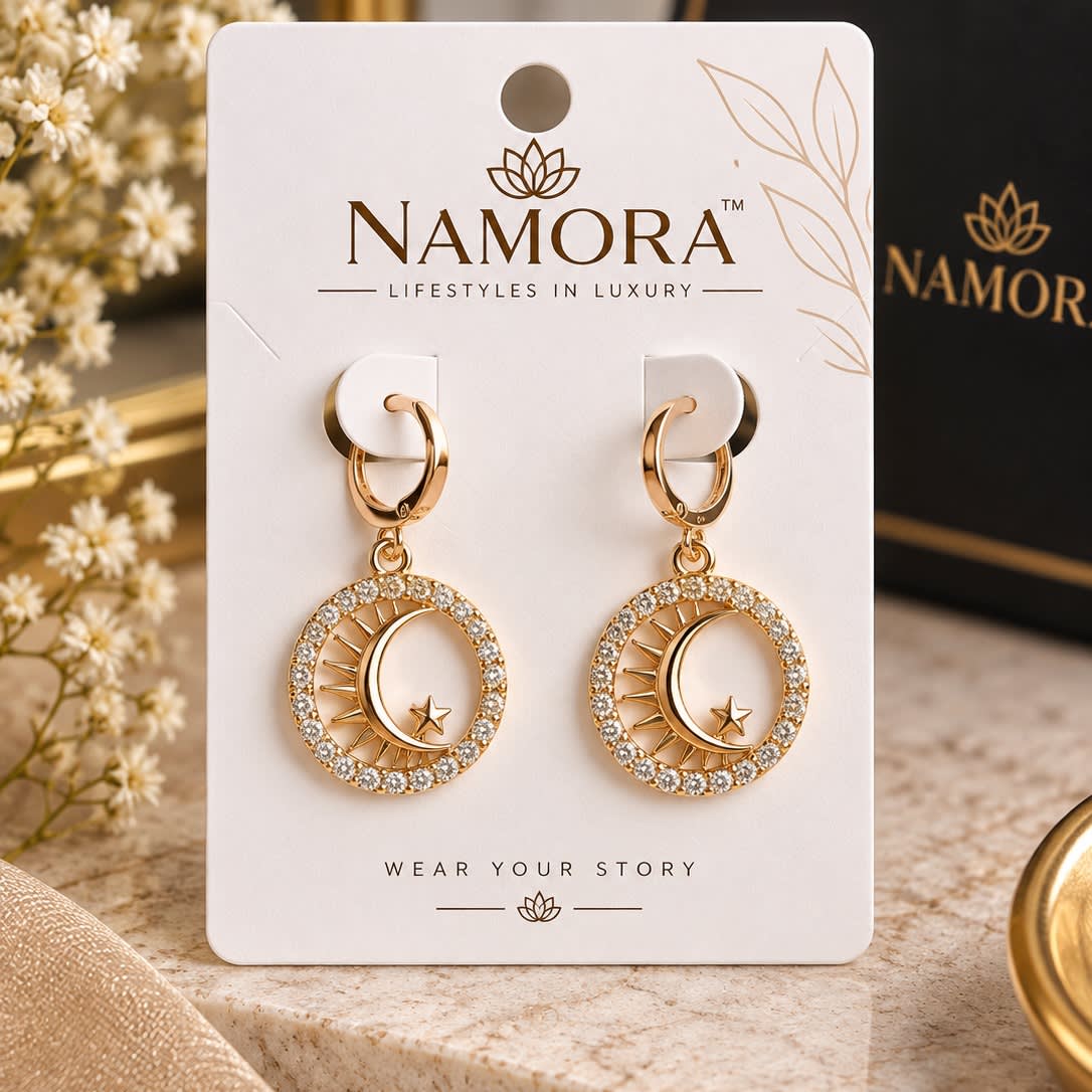 Namora Gold-Plated Celestial Sun, Moon, and Star Crystal Hoop Earrings