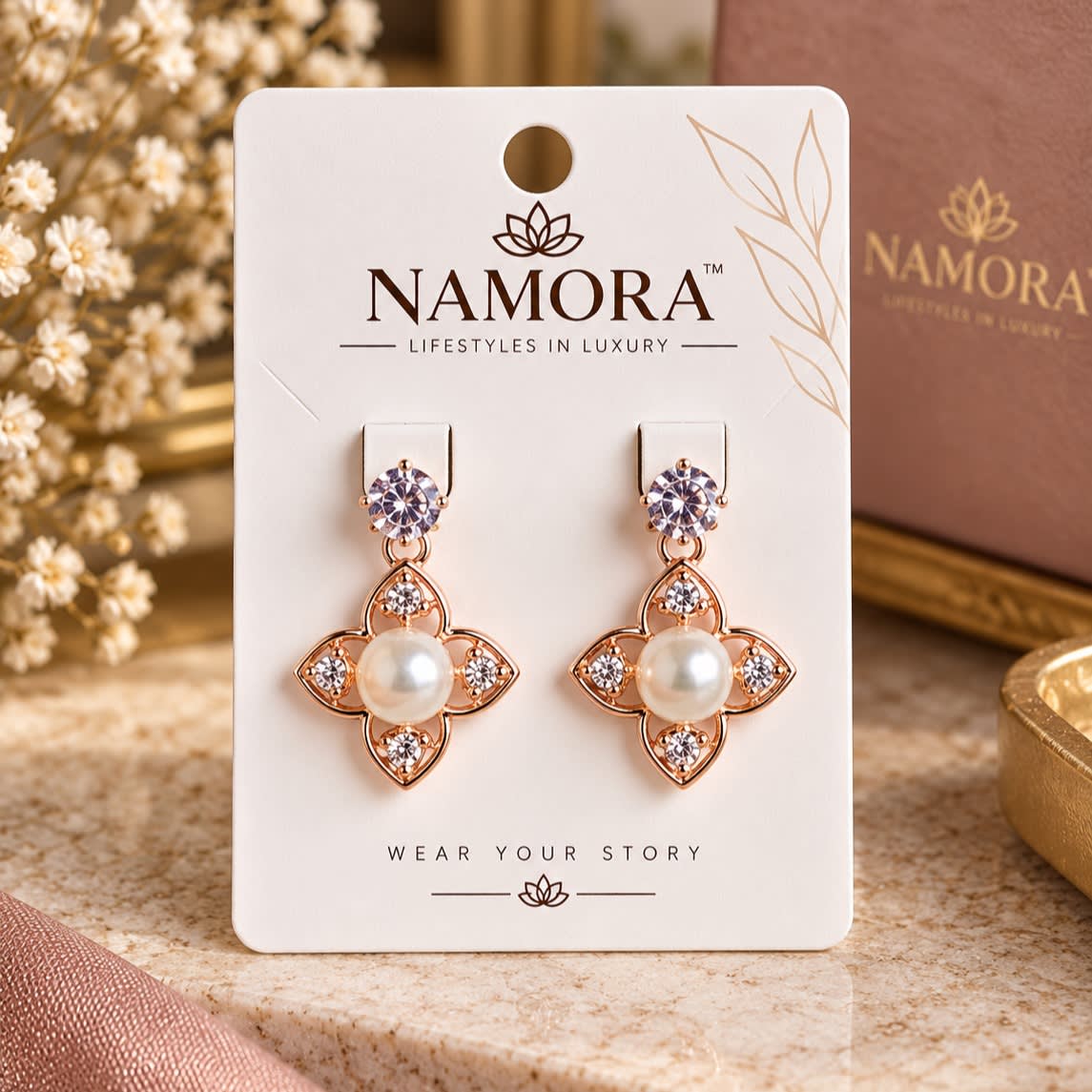 Namora Rose Gold Plated Pearl and Crystal Drop Earrings
