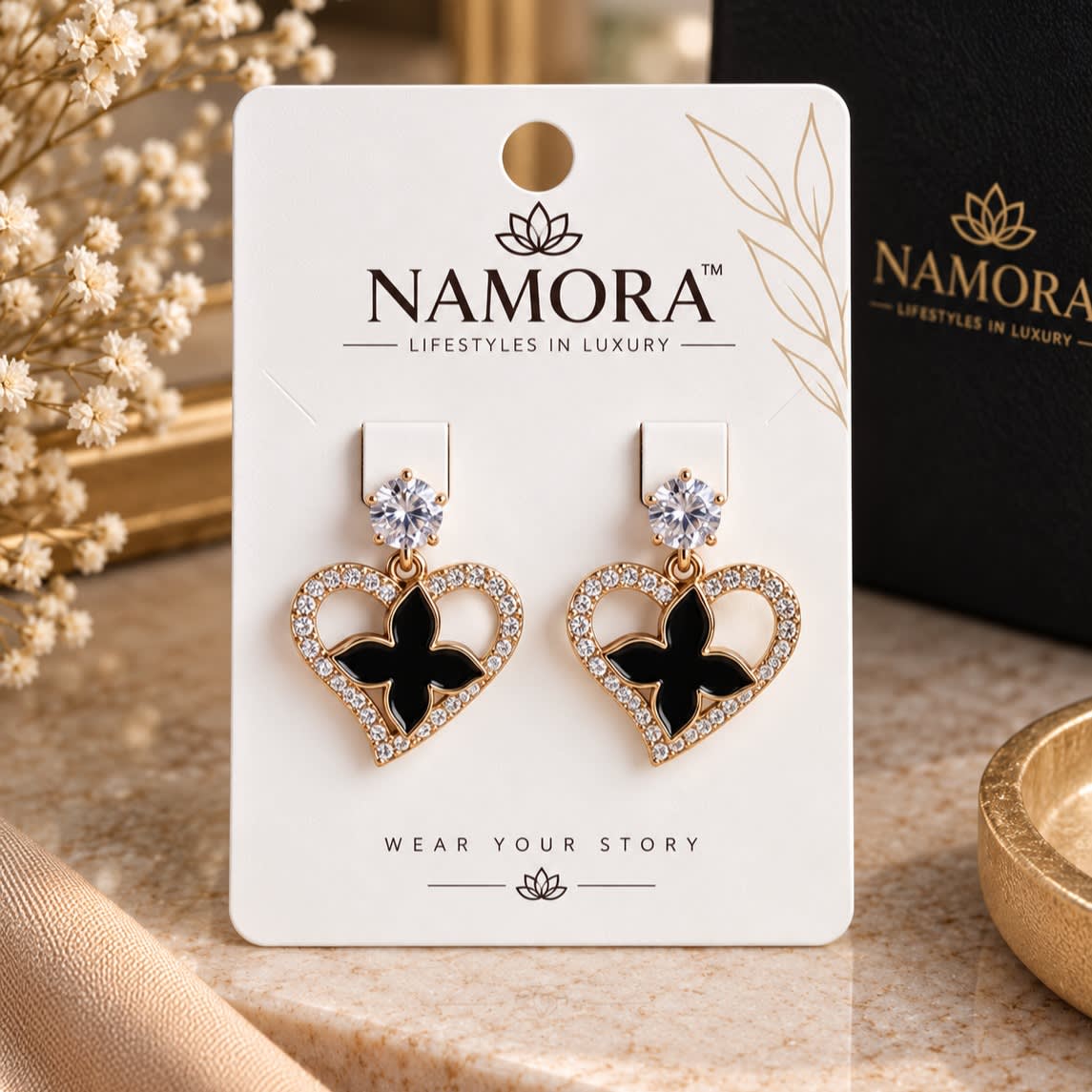 Namora Gold Plated Black Enamel Heart Crystal Earrings