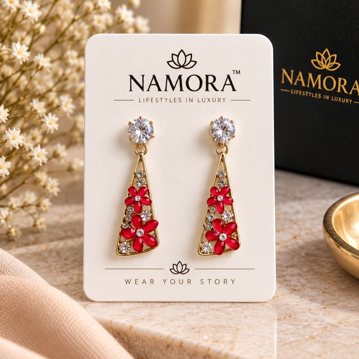 Namora Gold-Plated Red Floral Drop Earrings with Cubic Zirconia