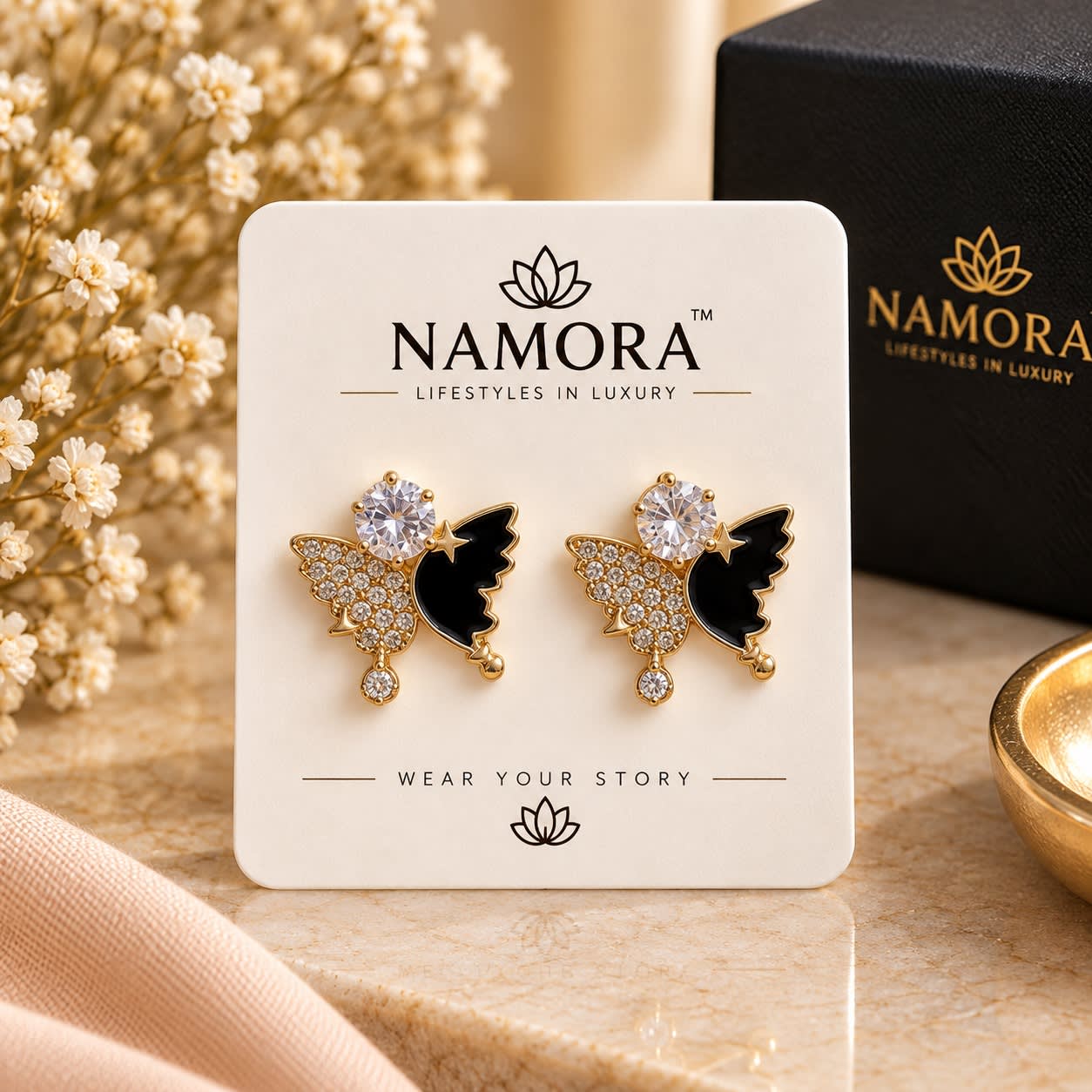 Namora Gold Plated Black & White Butterfly Stud Earrings