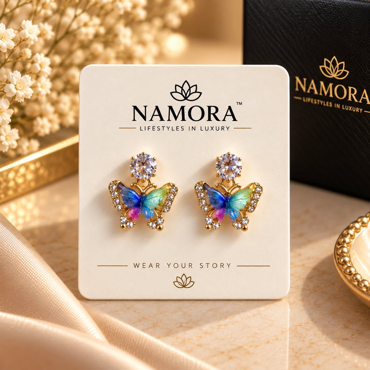 NAMORA Gold Plated Colorful Butterfly Crystal Stud Earrings