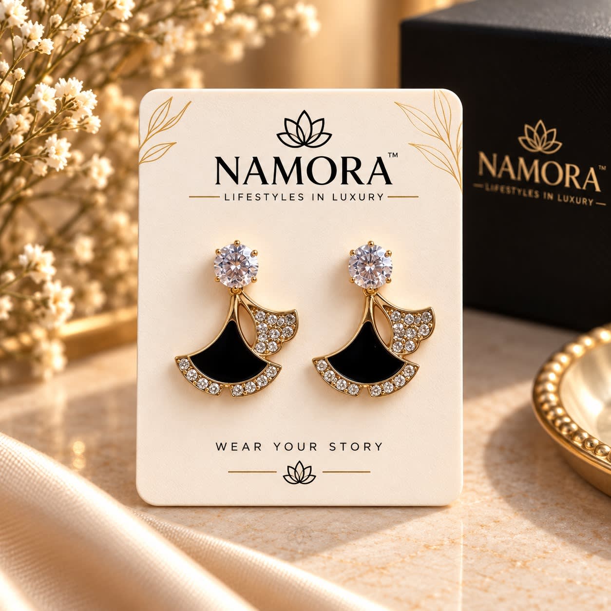 Namora Gold-Plated Black Enamel and Cubic Zirconia Drop Earrings