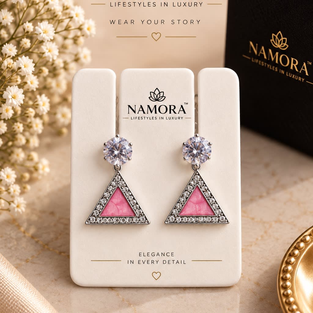Namora Silver Plated Pink Stone Triangle Drop Earrings