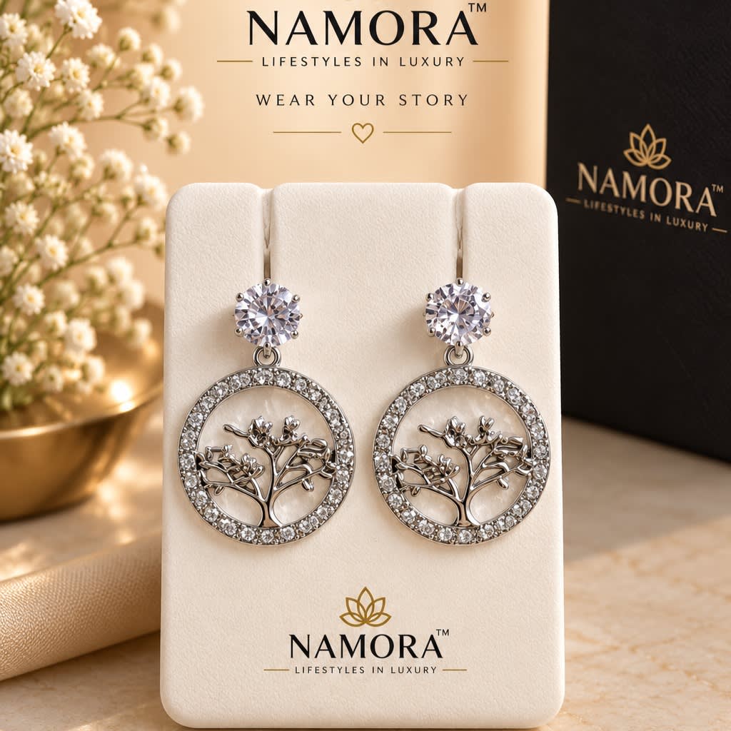 Namora Silver-Plated Sparkling Tree of Life Drop Earrings