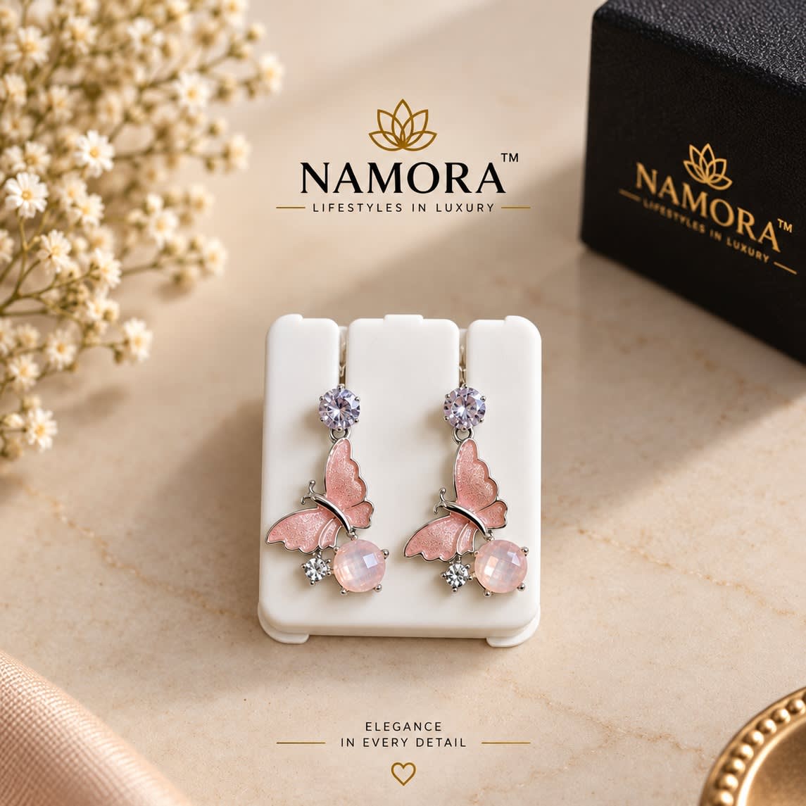 Namora Elegant Pink Butterfly Crystal Drop Earrings