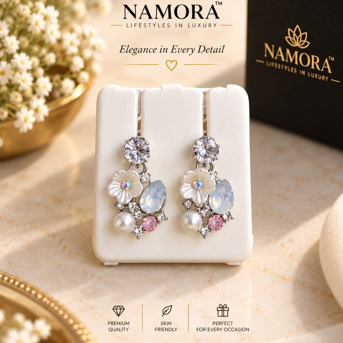 Namora Elegant Floral Drop Earrings with Crystals and Pearls