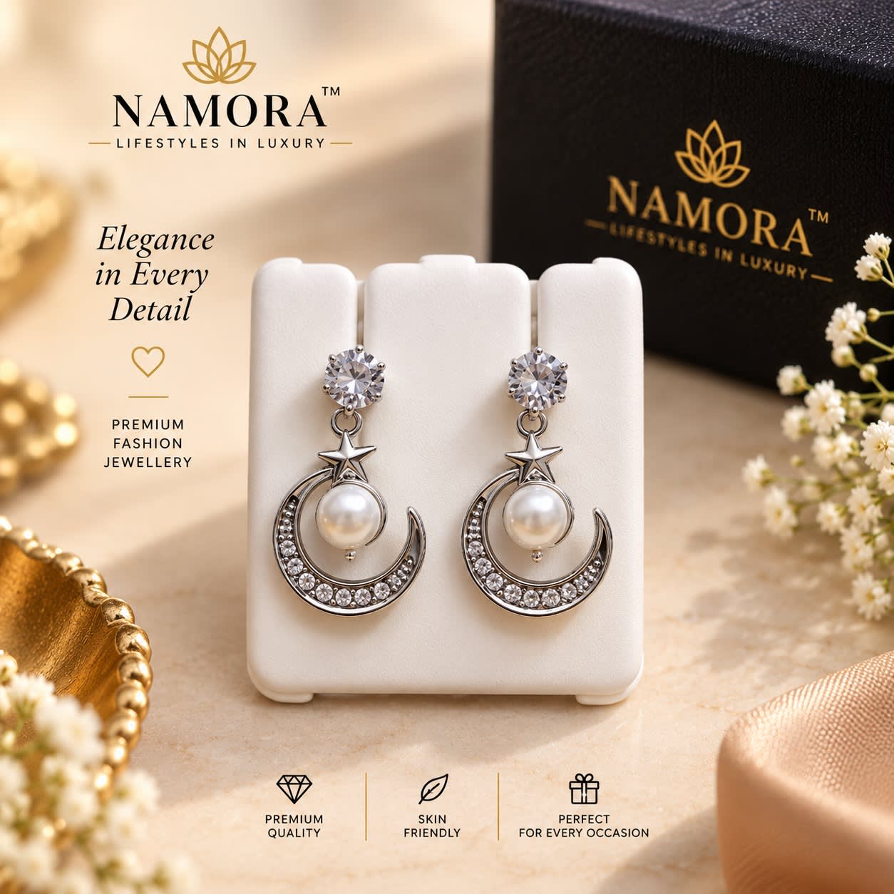 Namora Silver-Plated Celestial Moon and Star Pearl Drop Earrings