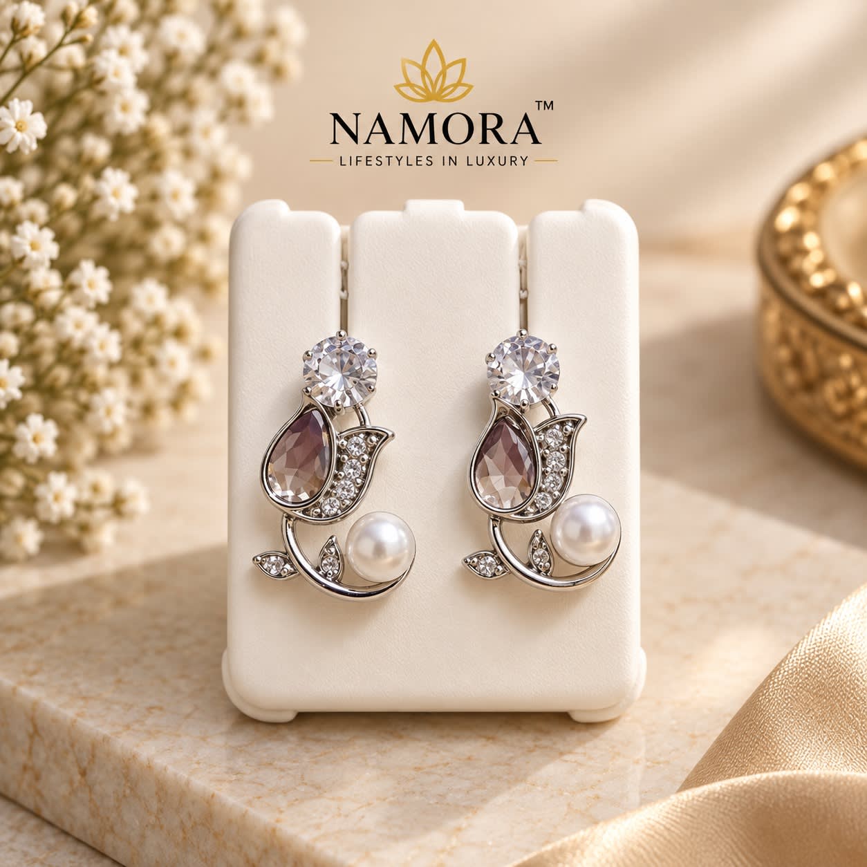 Namora Silver-Plated Cubic Zirconia and Pearl Floral Drop Earrings