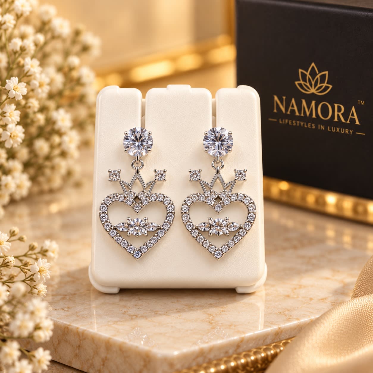 Radiant Crown Heart American Diamond Silver Plated Earrings