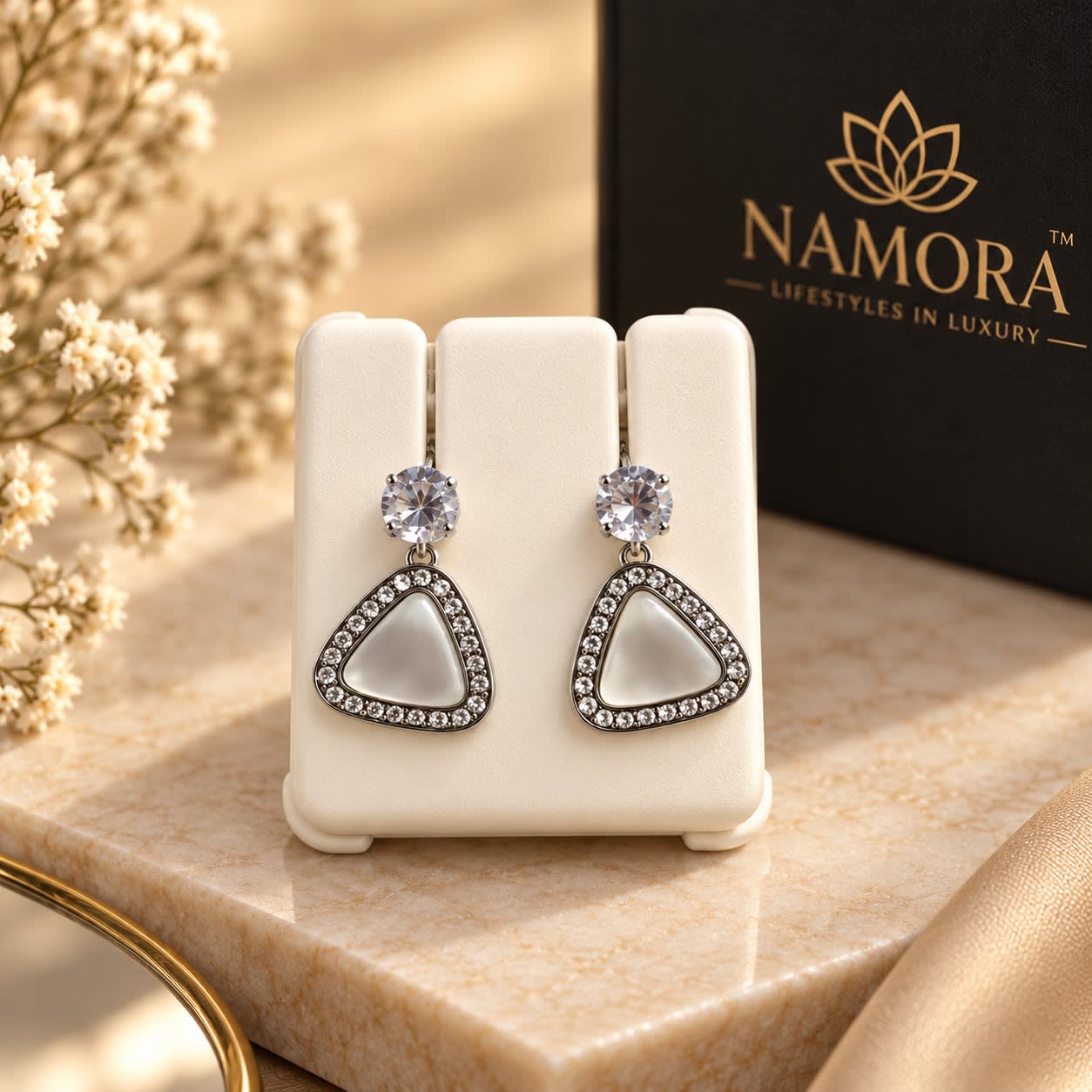 Namora Elegant Silver-Plated Crystal & Triangular Stone Drop Earrings