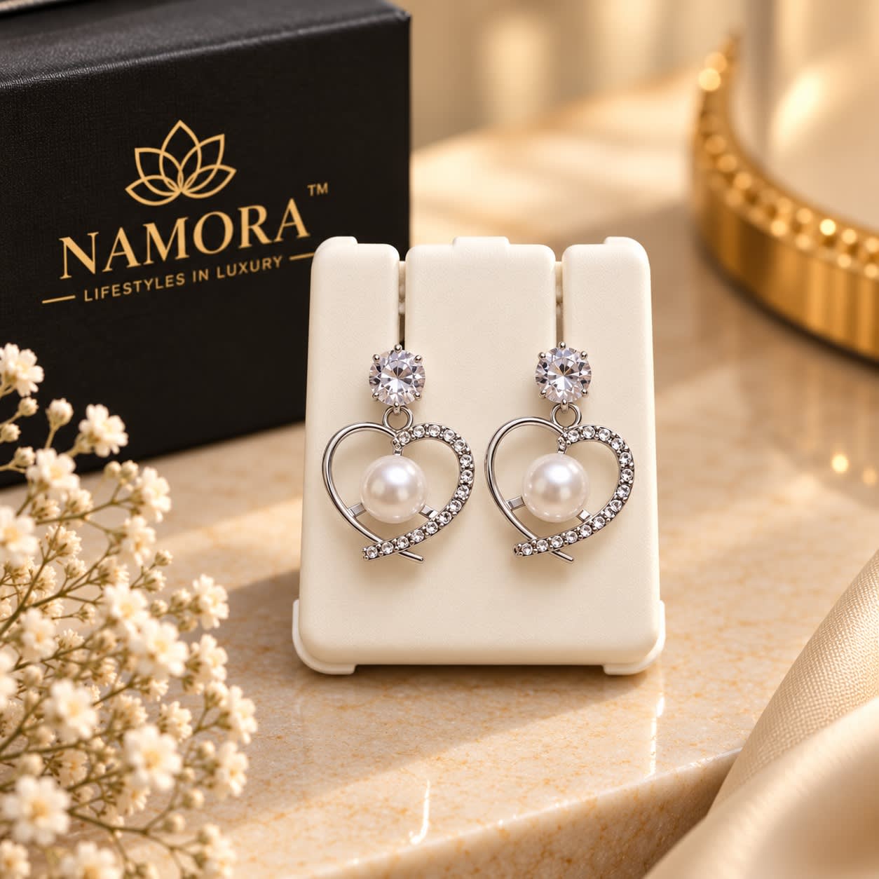 Namora Silver-Plated Sparkling Heart and Pearl Drop Earrings