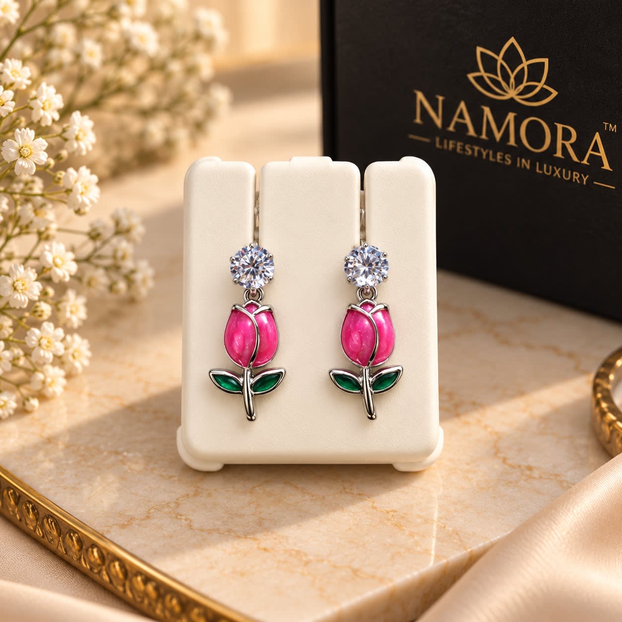 Namora Silver-Plated Pink Tulip Enamel Drop Earrings