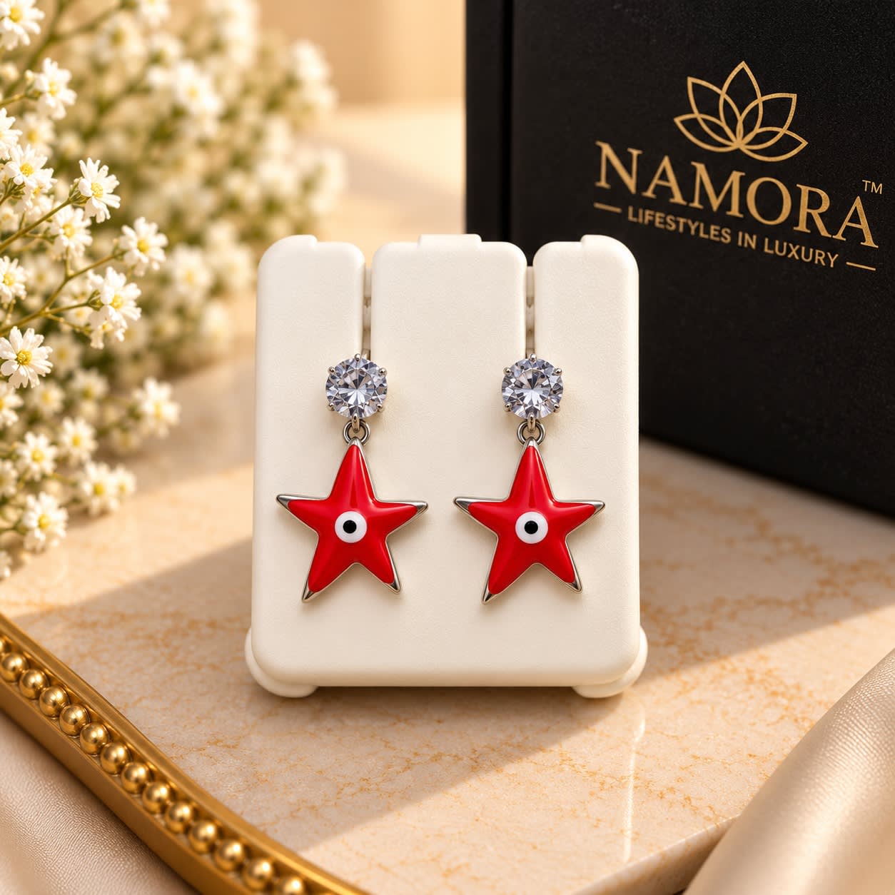 Namora Silver-Plated Red Star Evil Eye Drop Earrings