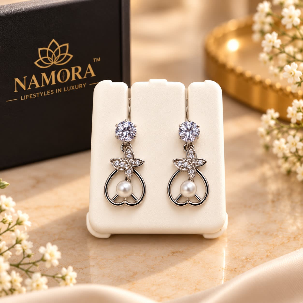 Namora Elegant Silver Plated Zircon and Pearl Drop Earrings