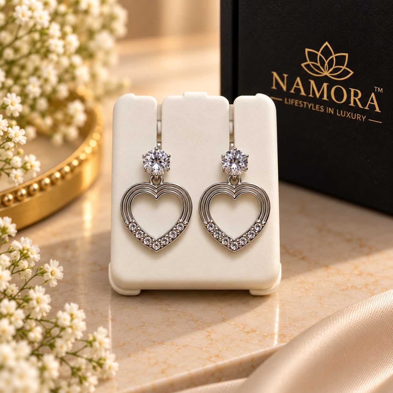 Silver-Plated Cubic Zirconia Heart Drop Earrings