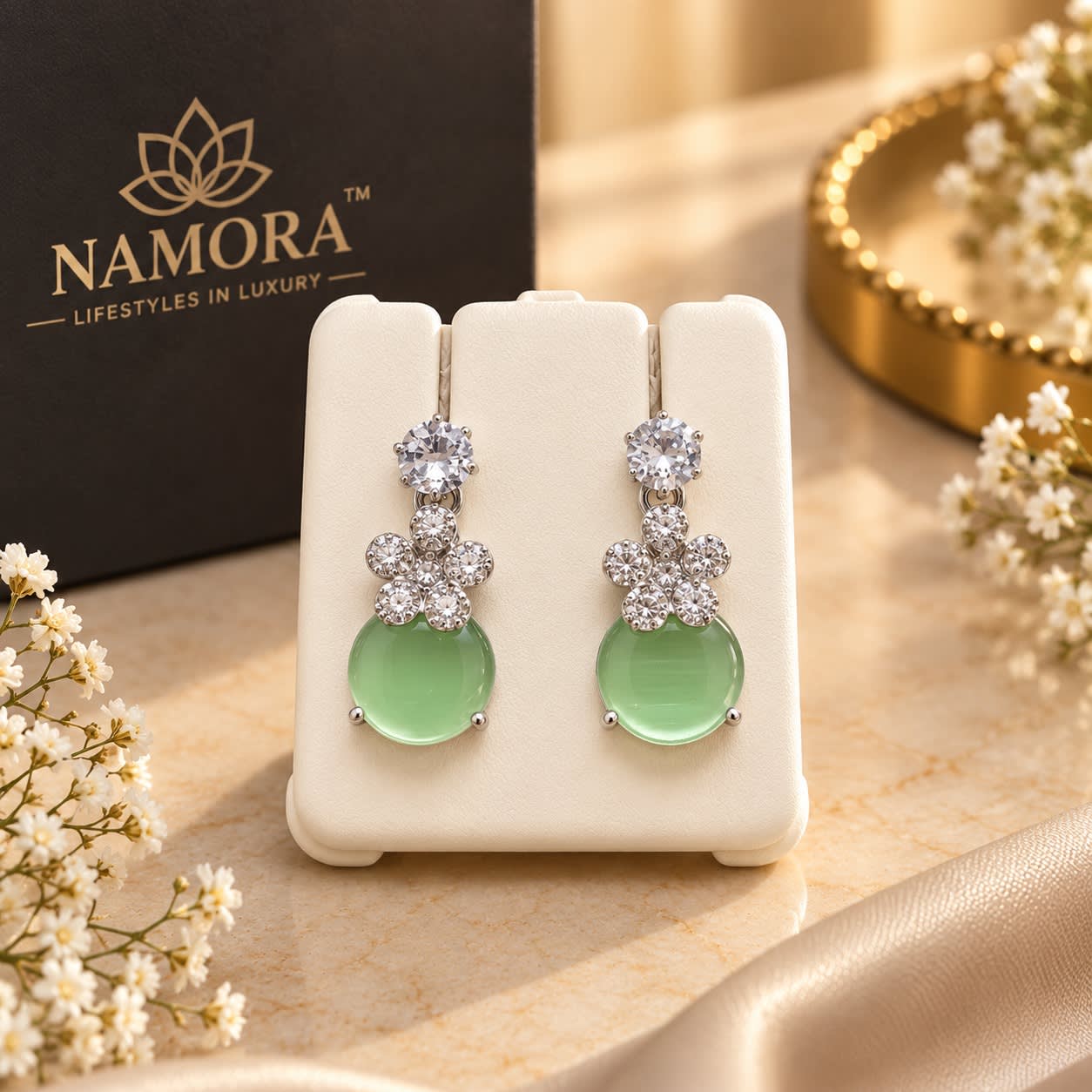 Namora Silver-Plated Mint Green Floral Drop Earrings