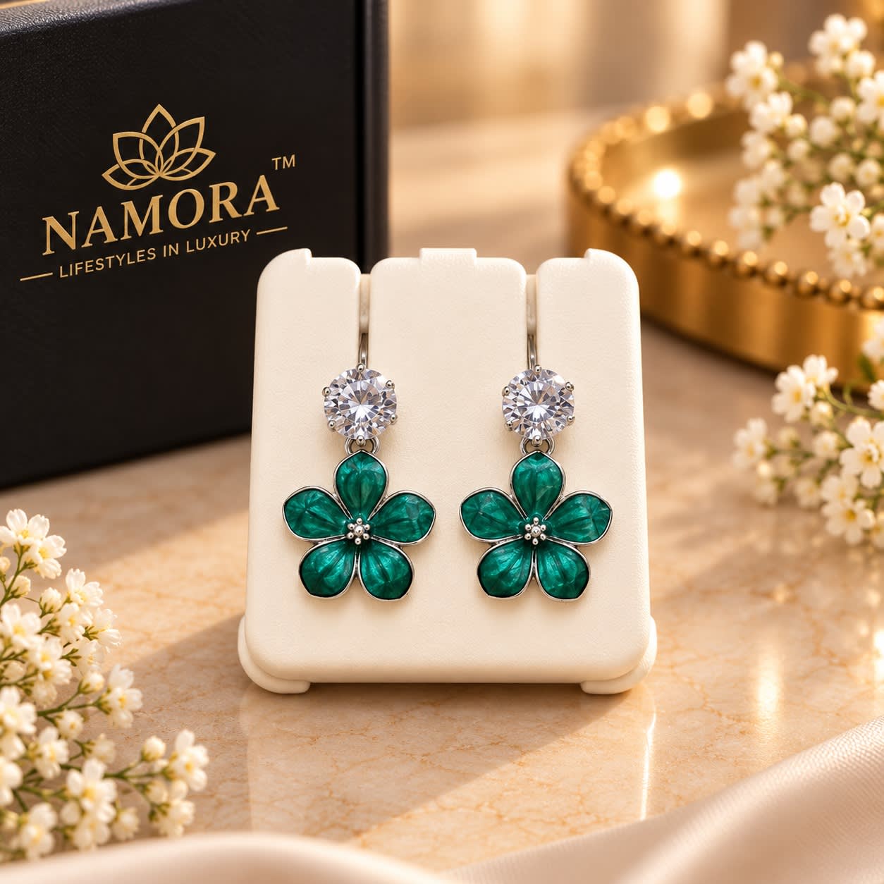 Namora Silver Plated Green Enamel Flower Drop Earrings