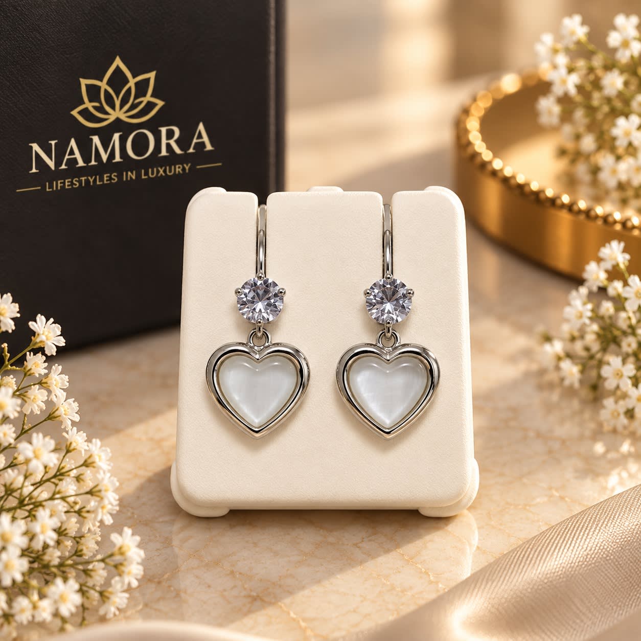 Namora Silver Plated White Heart Stone Dangle Earrings