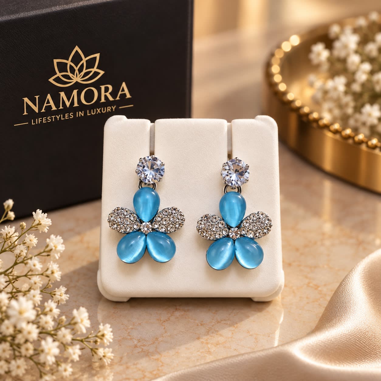 Namora Blue Crystal Flower Drop Earrings