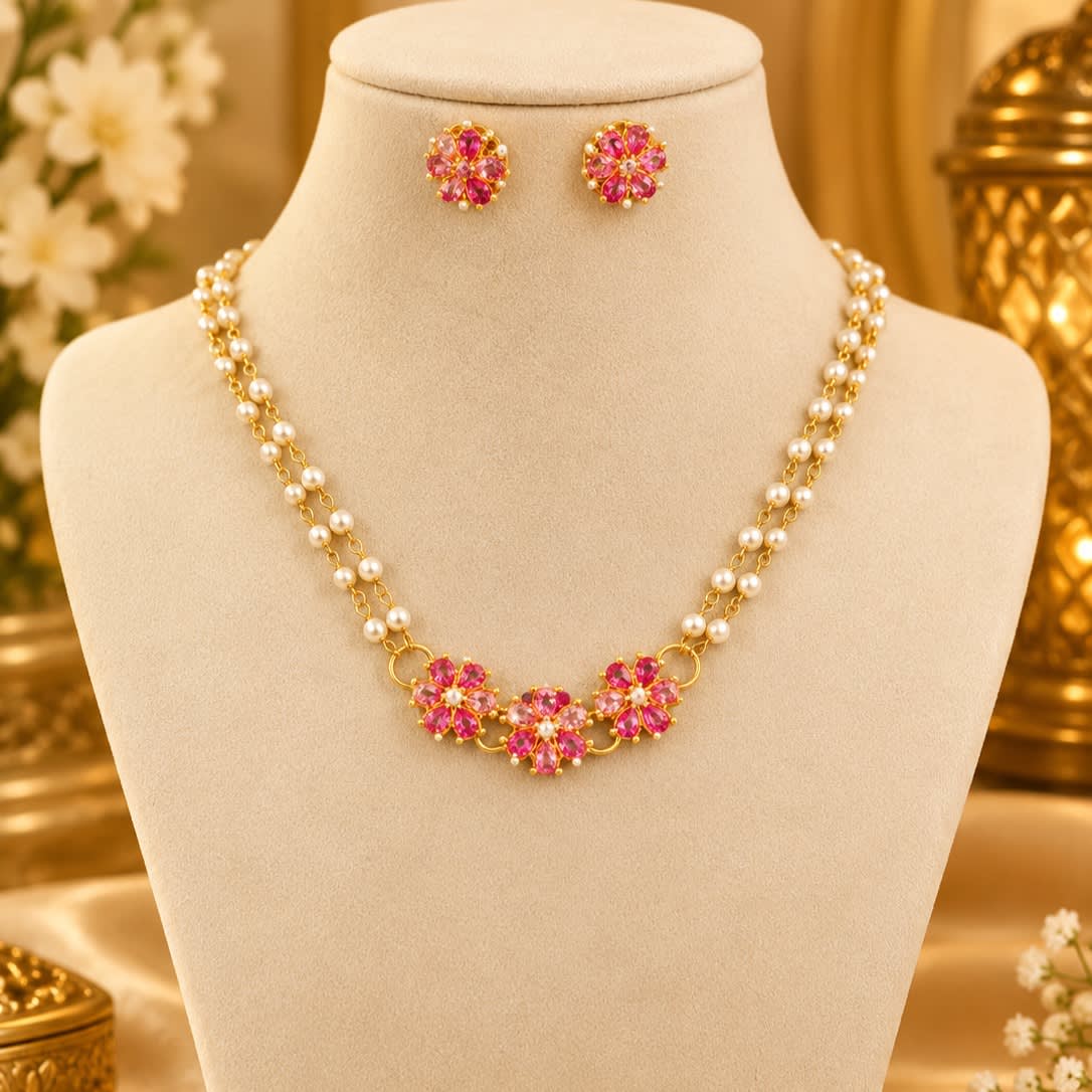 Gold Plated Pink Floral Pearl Layered Necklace Set with Matching Earrings