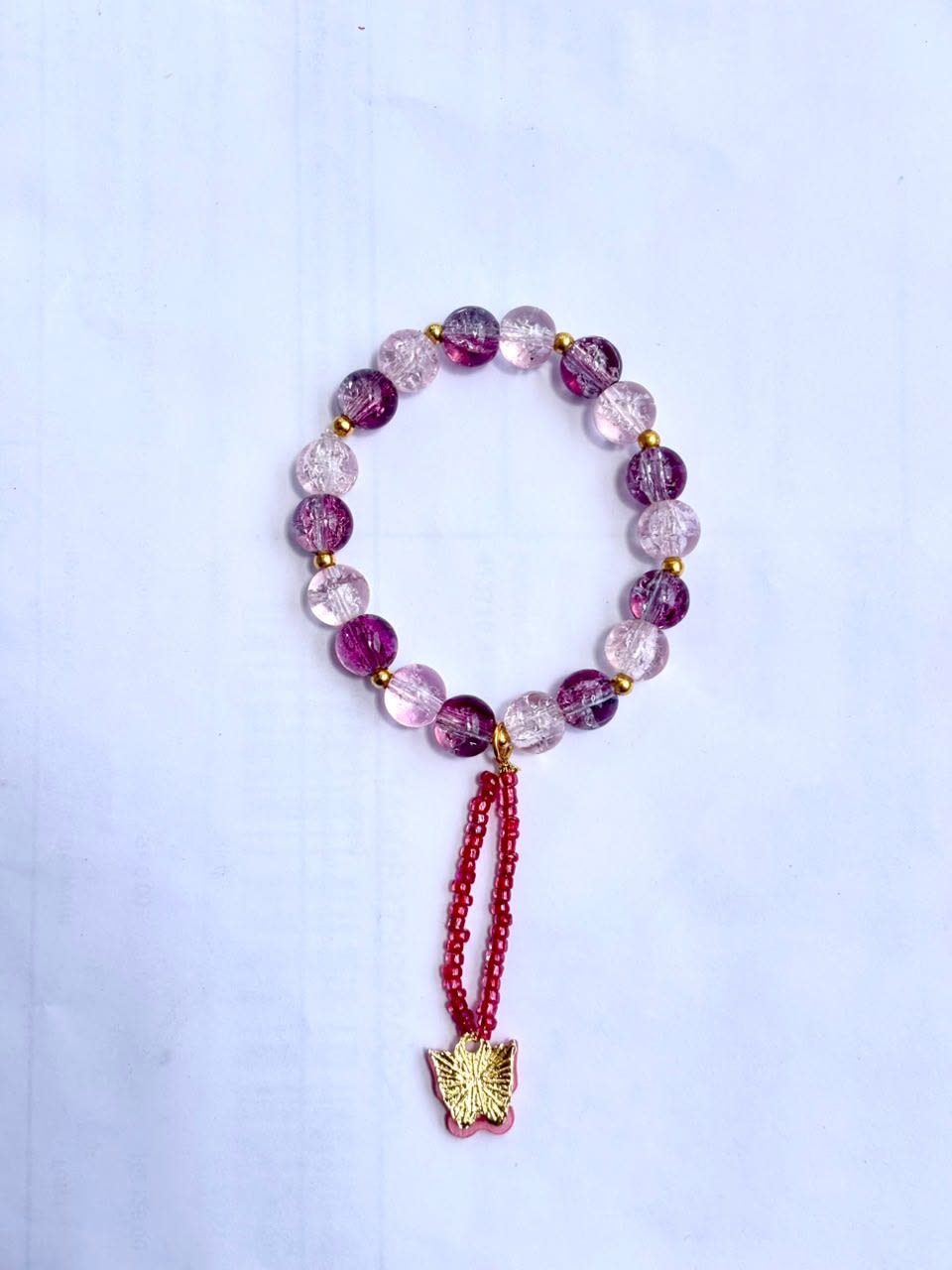 Purple Beaded Butterfly Charm Elasticated Bracelet