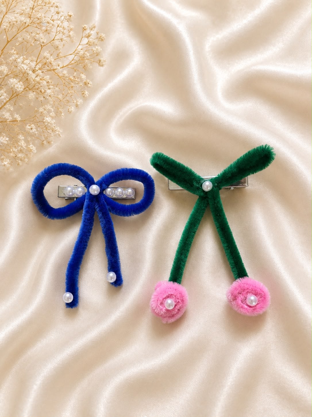Korean Velvet Bow and Cherry Hair Clip Set