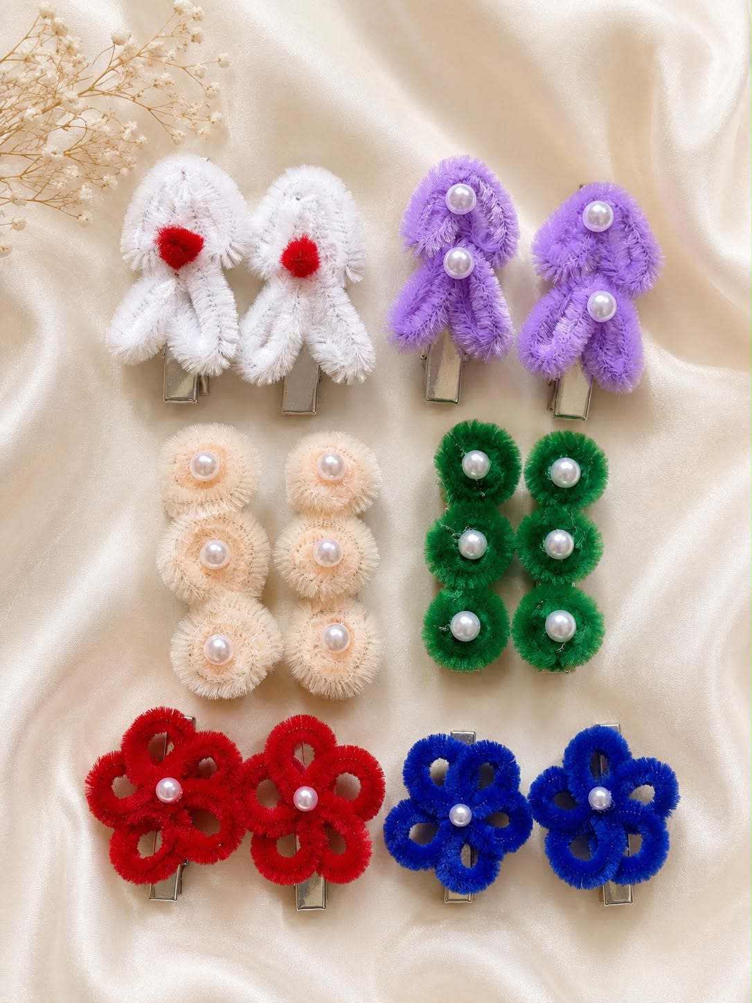 Multicolor Fuzzy Plush Flower and Bow Hair Clips Set