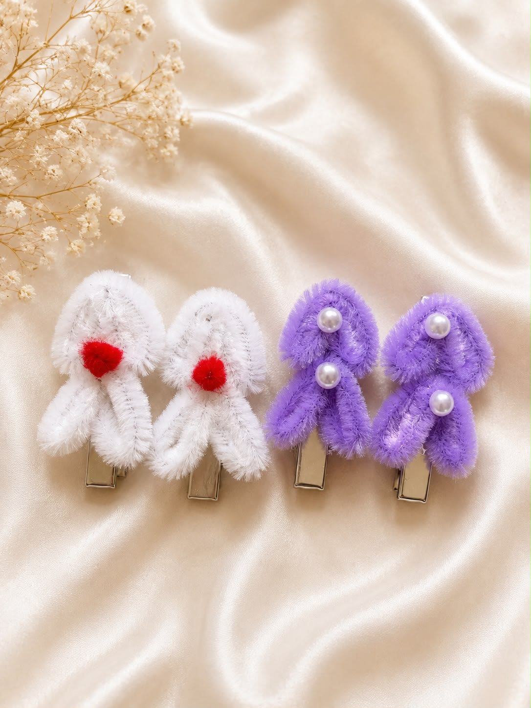 Cute Fluffy Pom Pom and Pearl Hair Clips Set of 4