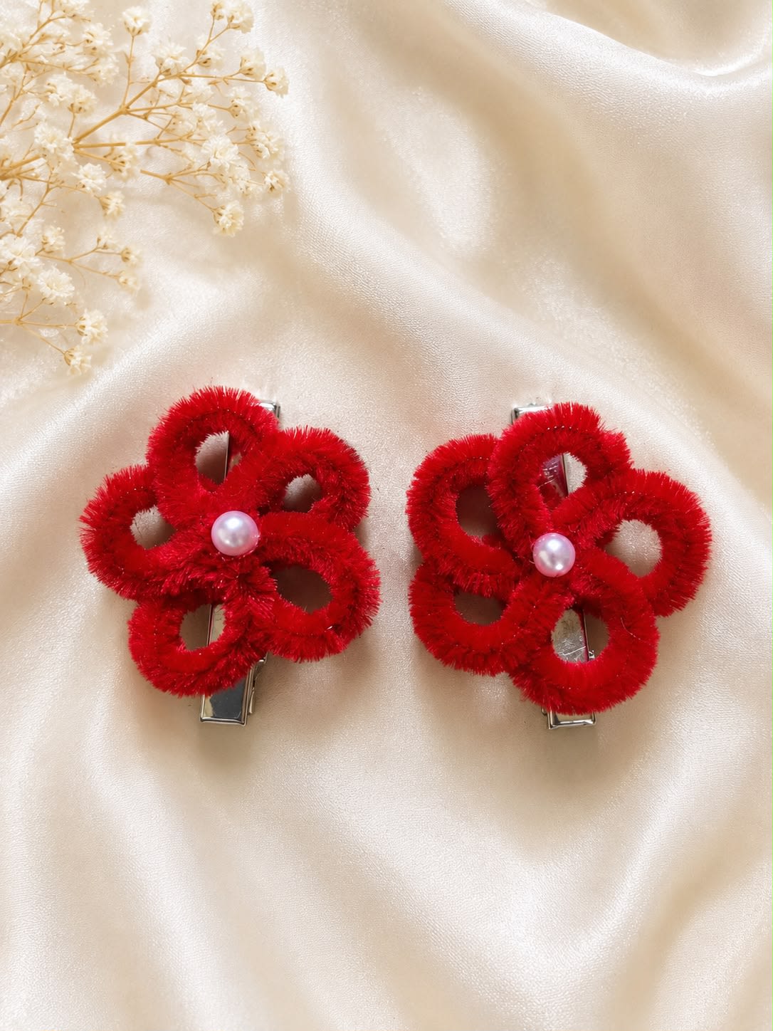 Red Fluffy Flower Hair Clips with Pearl Center Set of 2