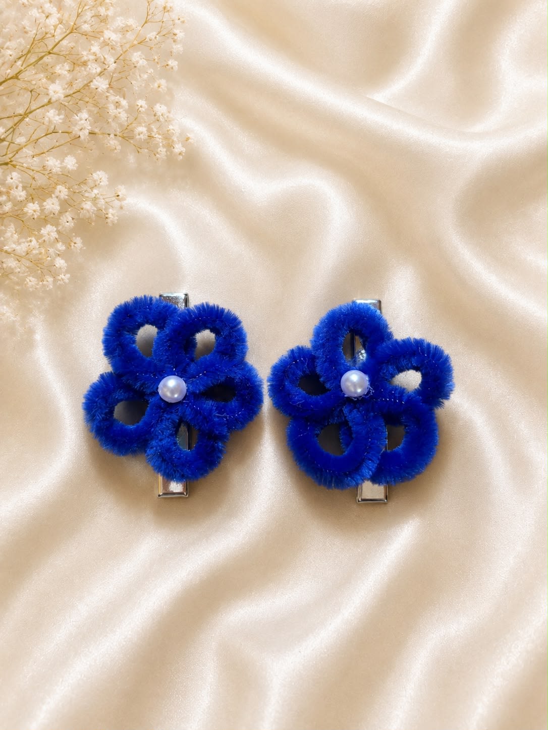 Blue Floral Velvet Fuzzy Hair Clips Set of 2
