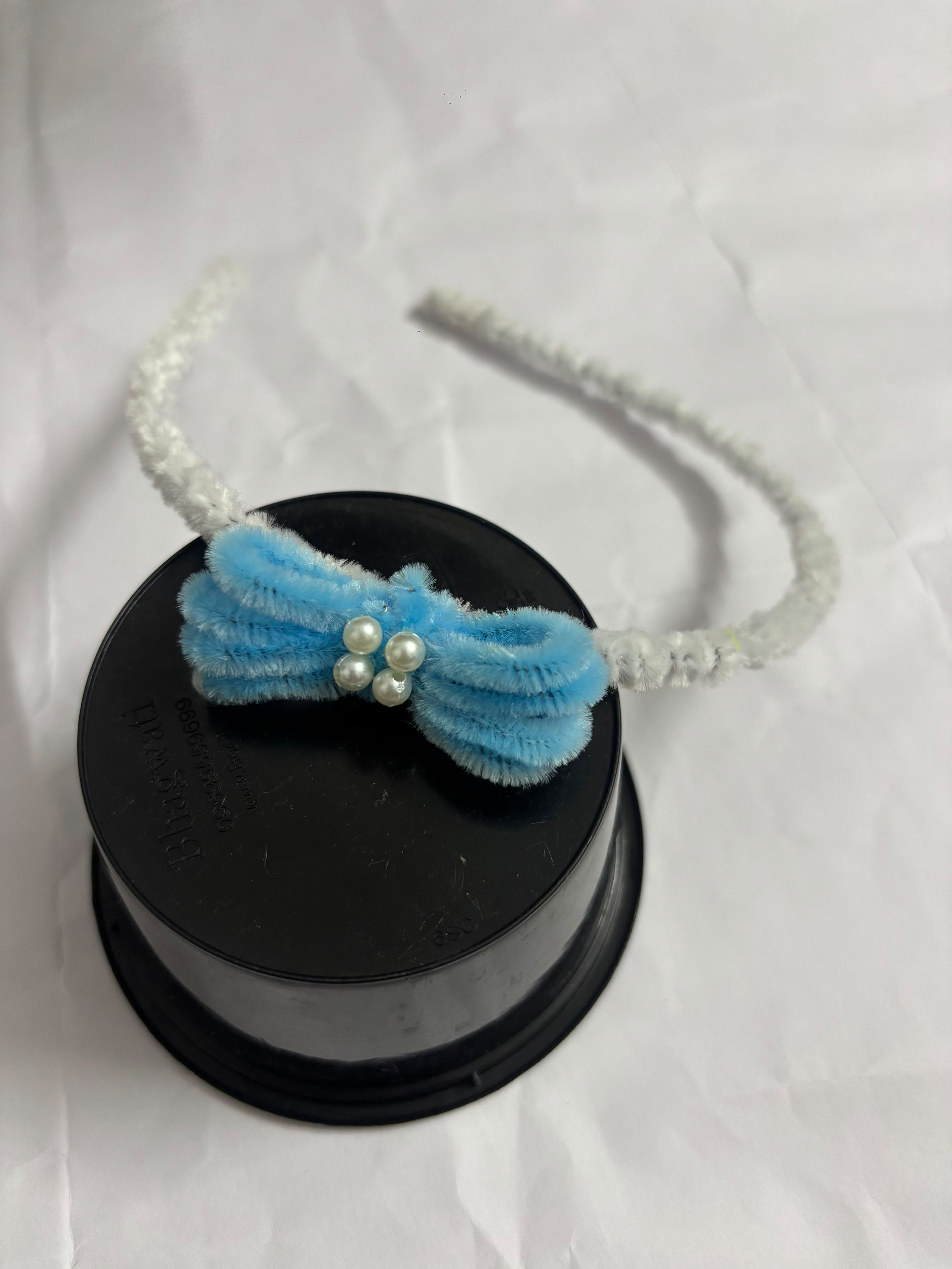 Fluffy Blue Bow Hair Band with Pearl Accents