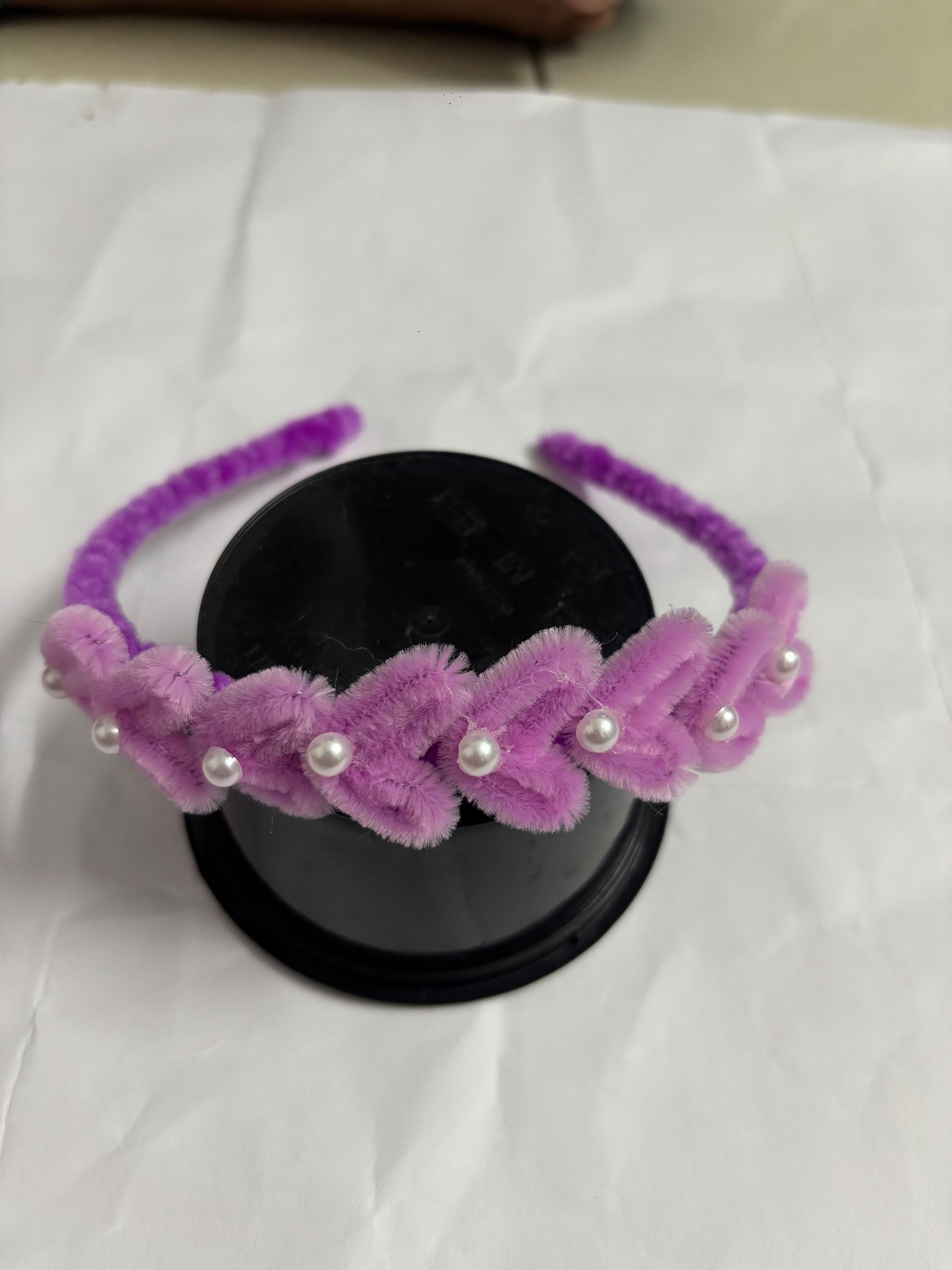 Handmade Purple Fuzzy Hair Band with Pearl Accents
