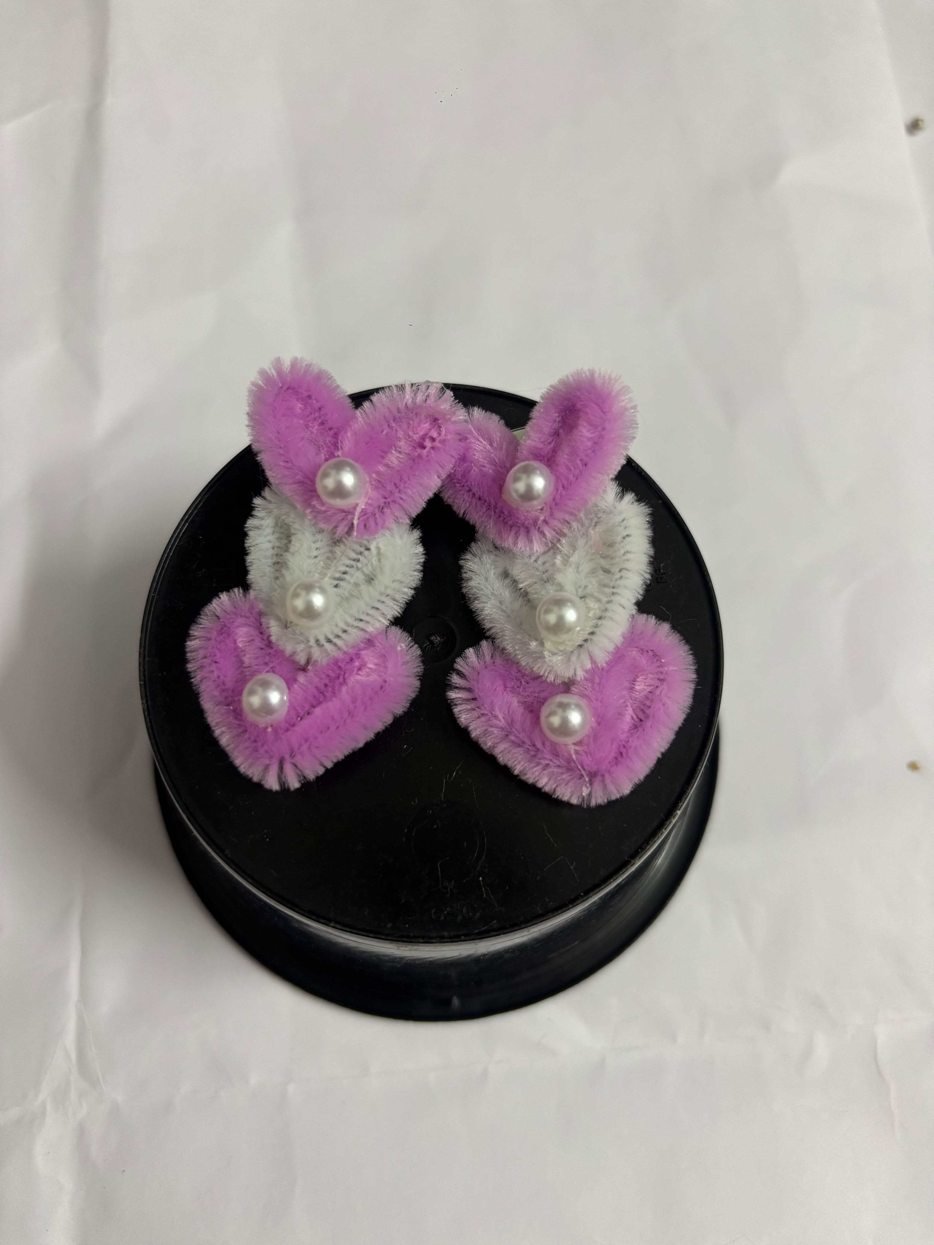 Handcrafted Pink and White Heart Fuzzy Hair Clips with Pearl Accents