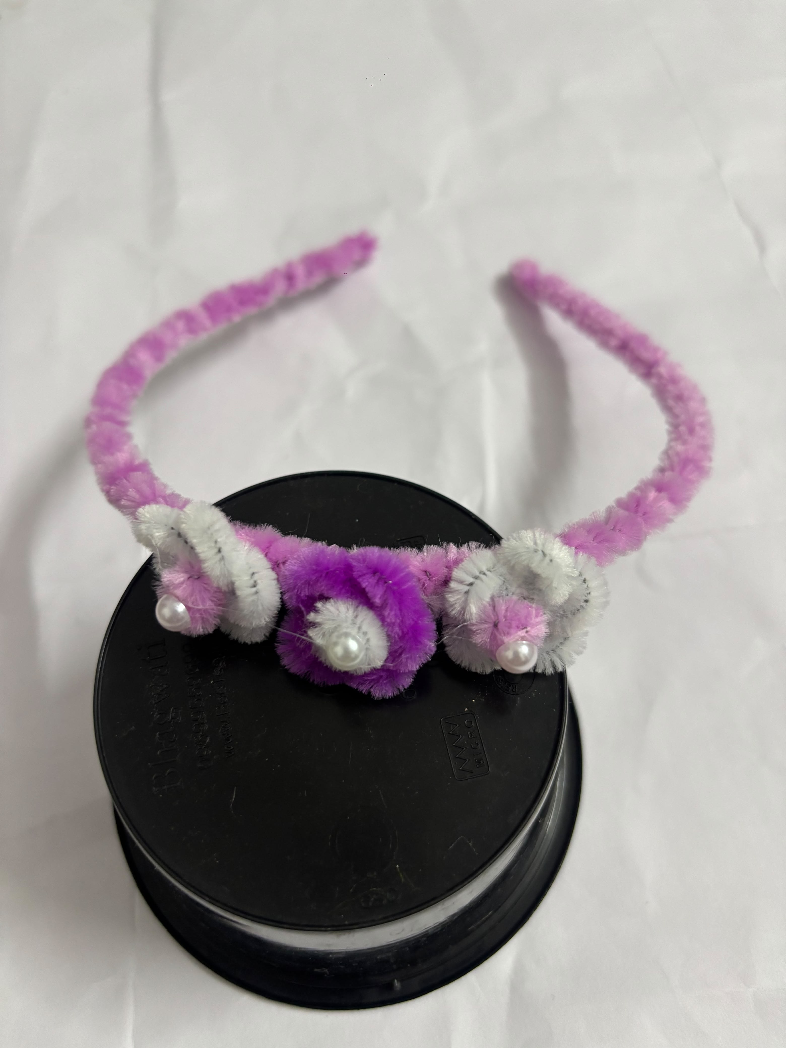 Handmade Fuzzy Pipe Cleaner Floral Hair Band with Pearls