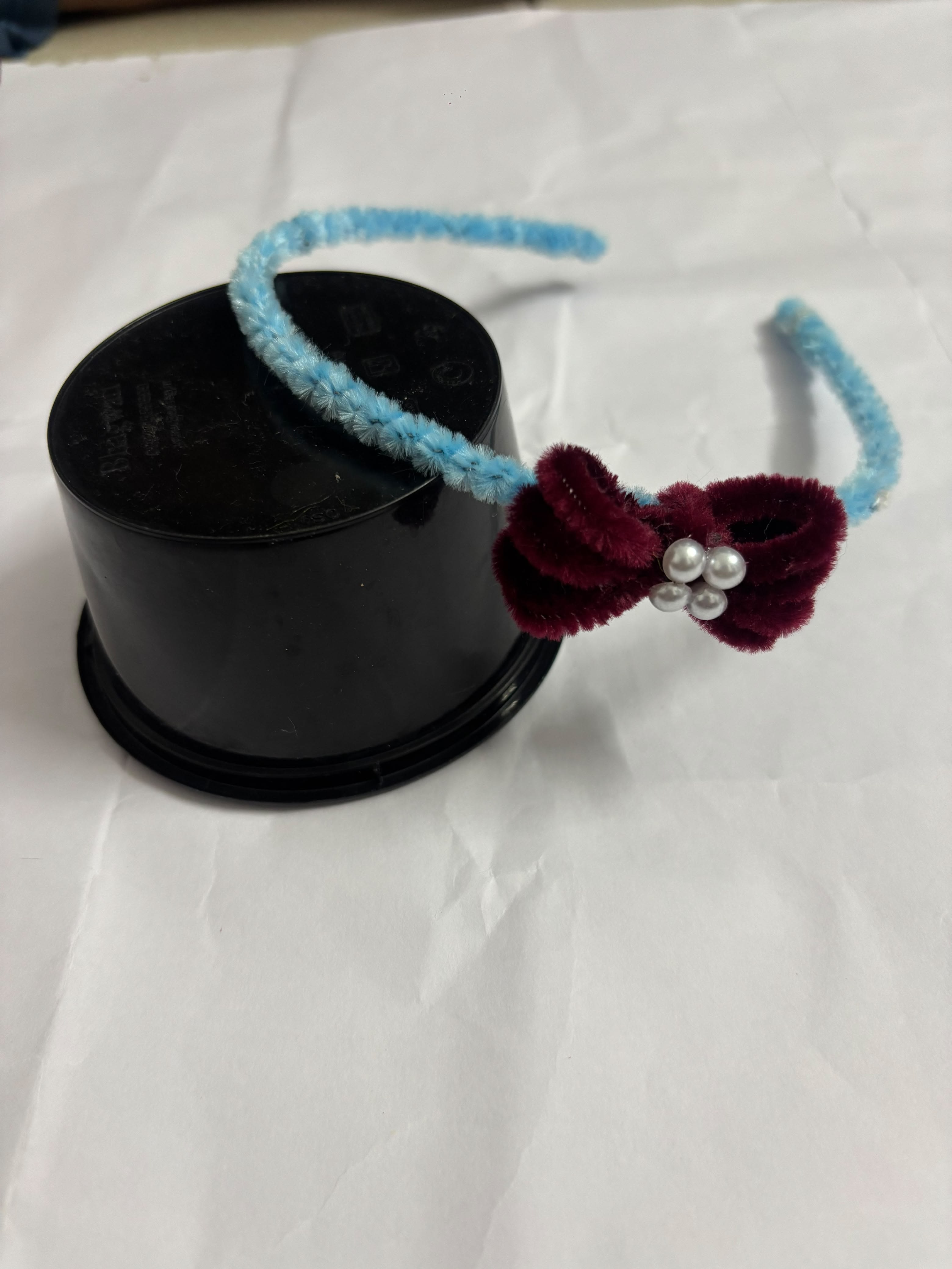 Blue Pipe Cleaner Hair Band with Maroon Velvet Bow and Pearls
