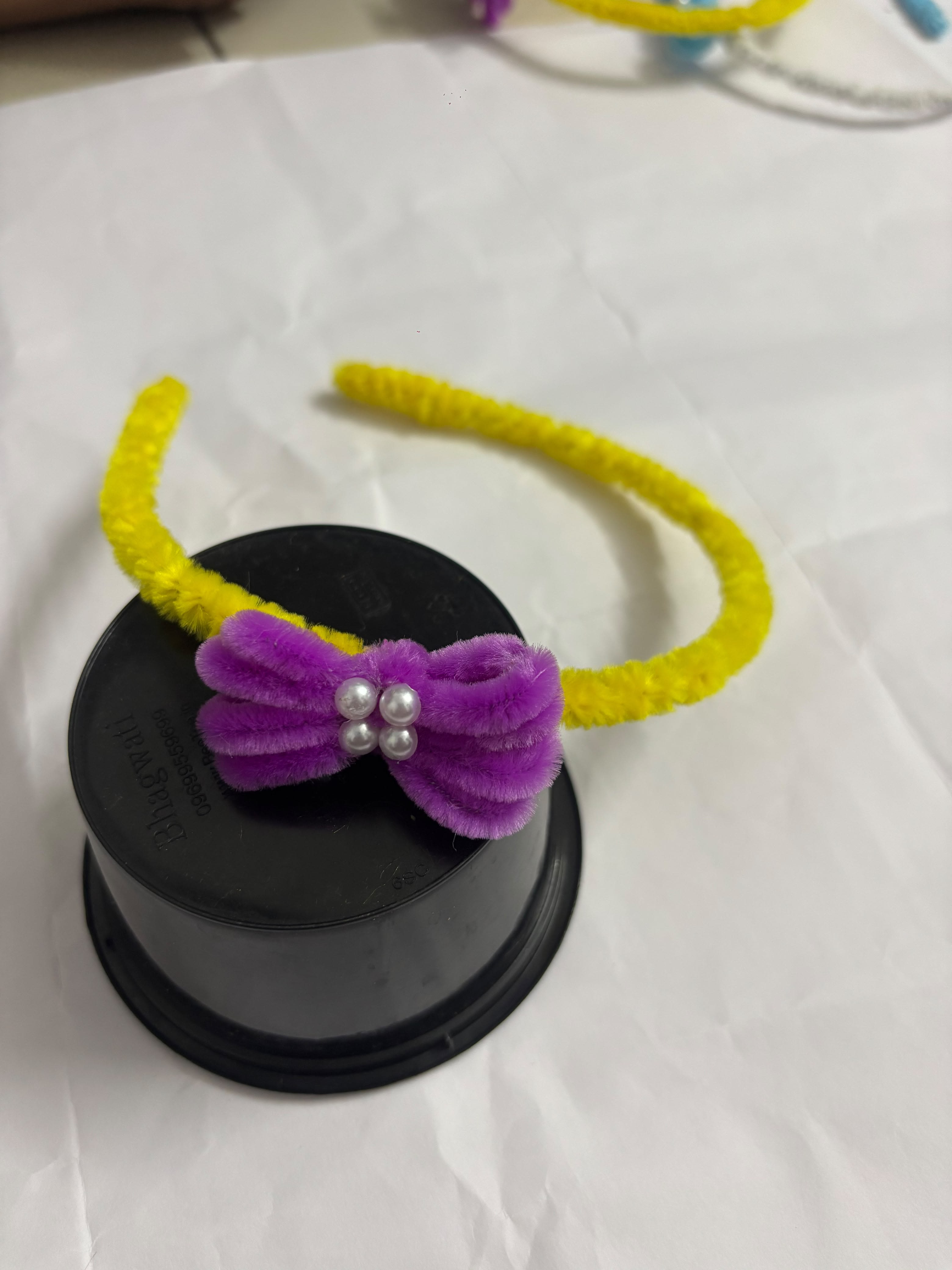 Yellow and Purple Fuzzy Bow Hair Band with Pearls