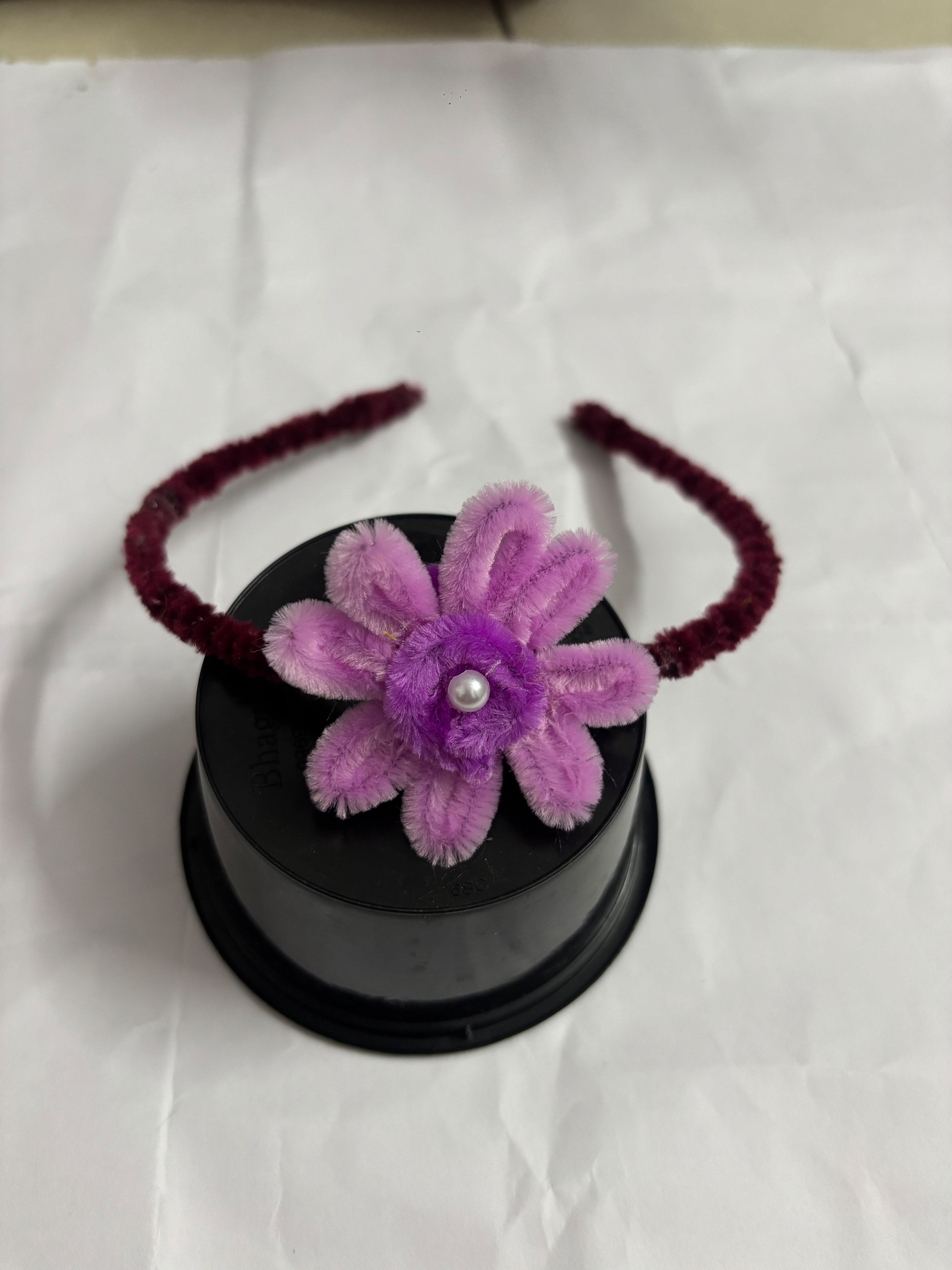 Handmade Floral Fuzzy Hair Band with Pearl Accent