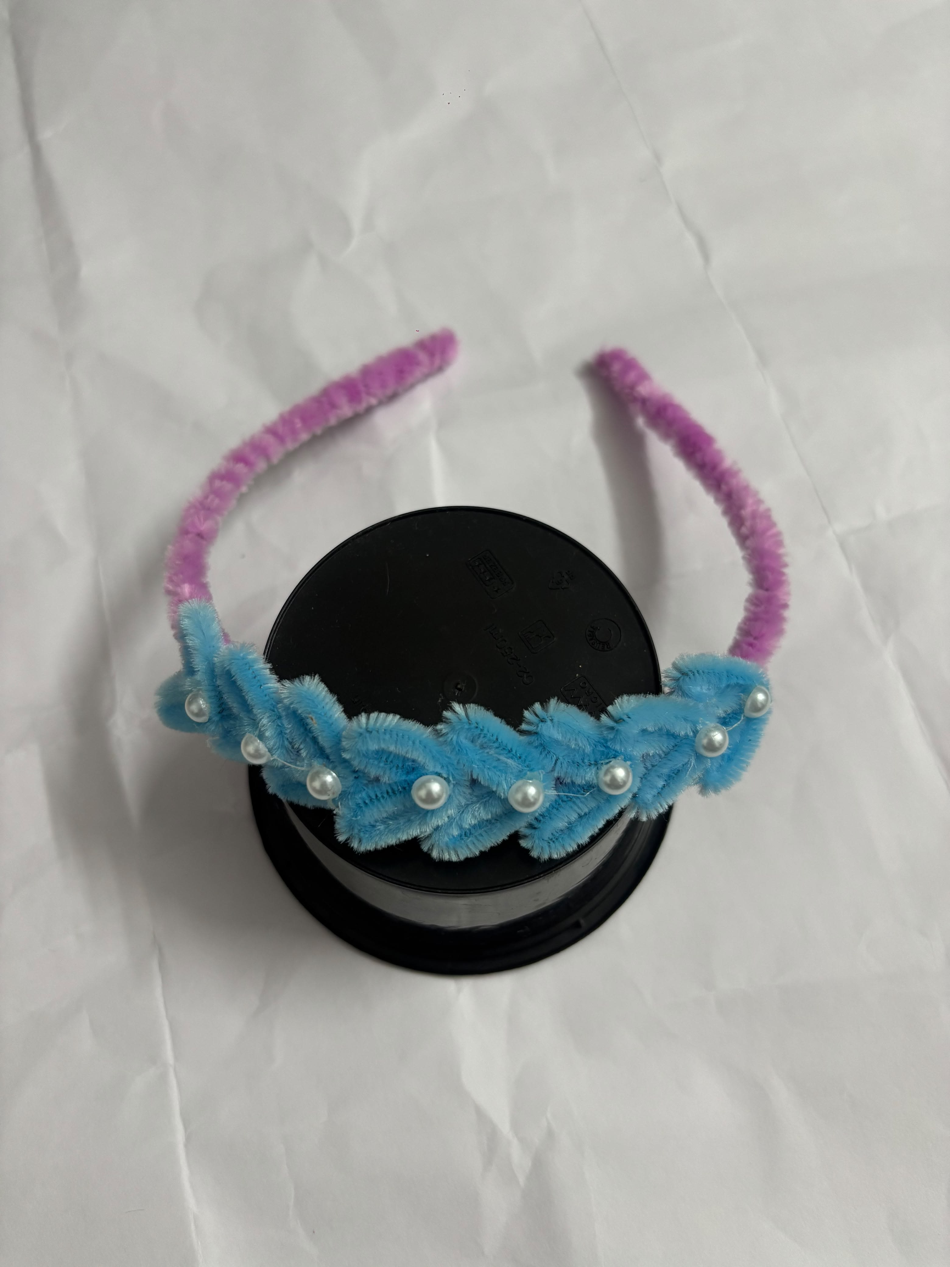 Handcrafted Blue and Pink Fuzzy Hair Band with Pearls