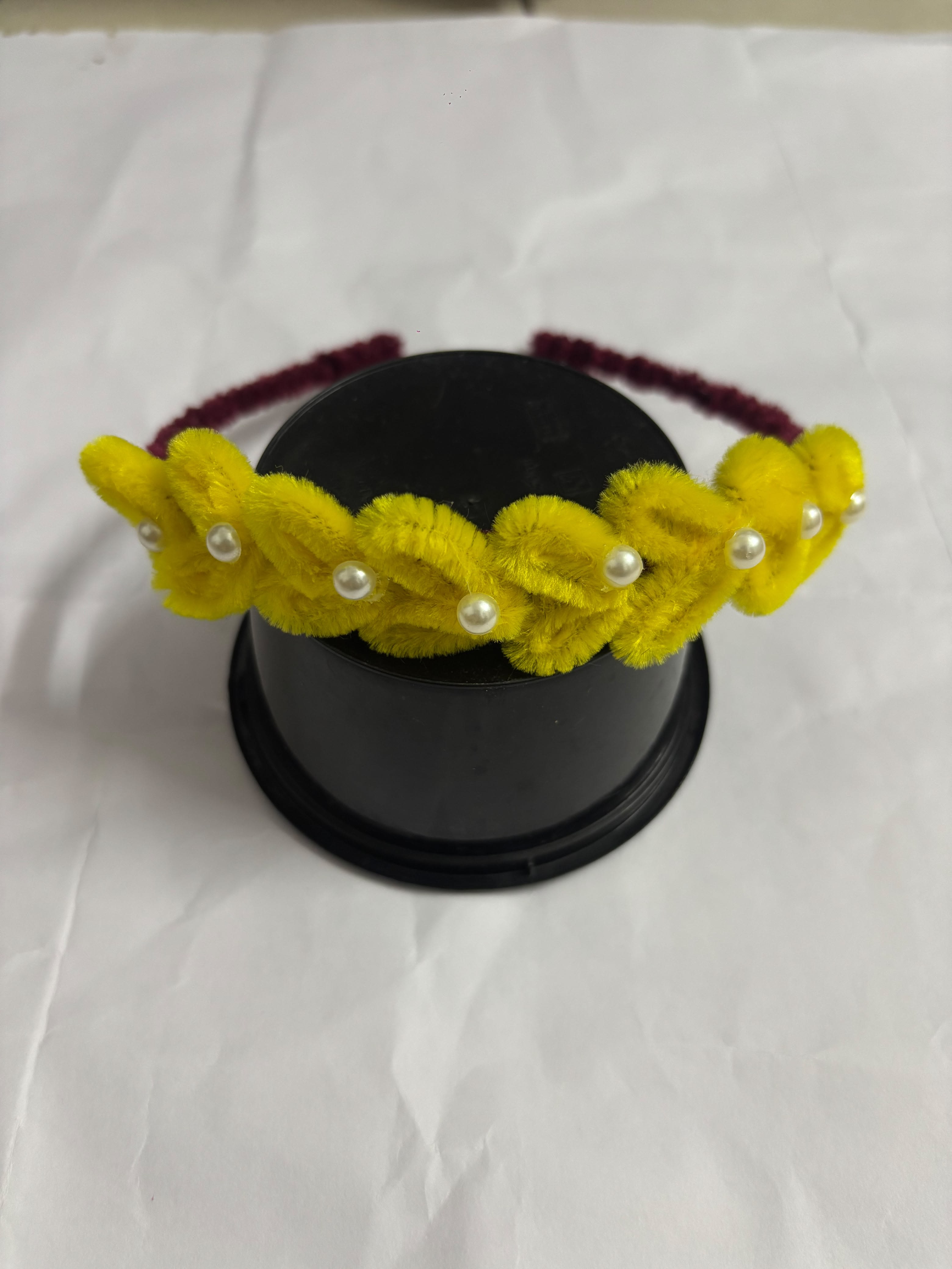 Handmade Yellow Fuzzy Flower Hair Band with Pearl Accents