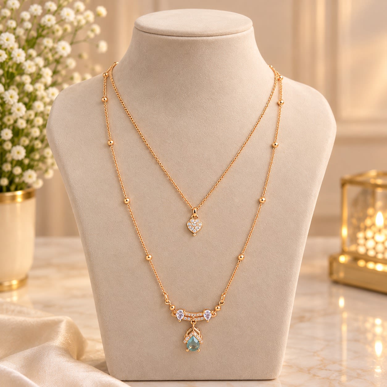 Gold Plated Layered Necklace with Stone and Crystal Pendants