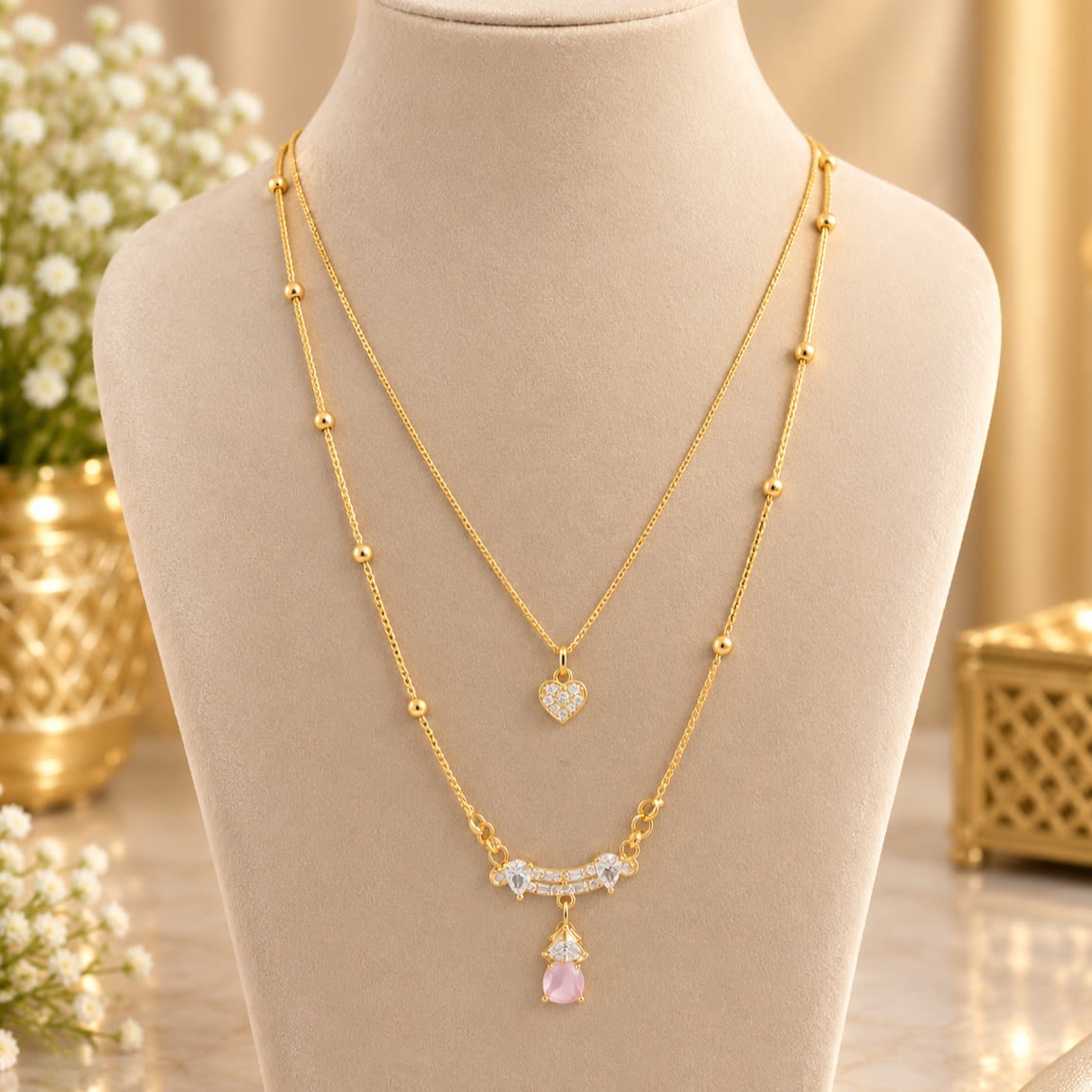 Gold Plated Layered Necklace with Heart and Pink Stone Pendants