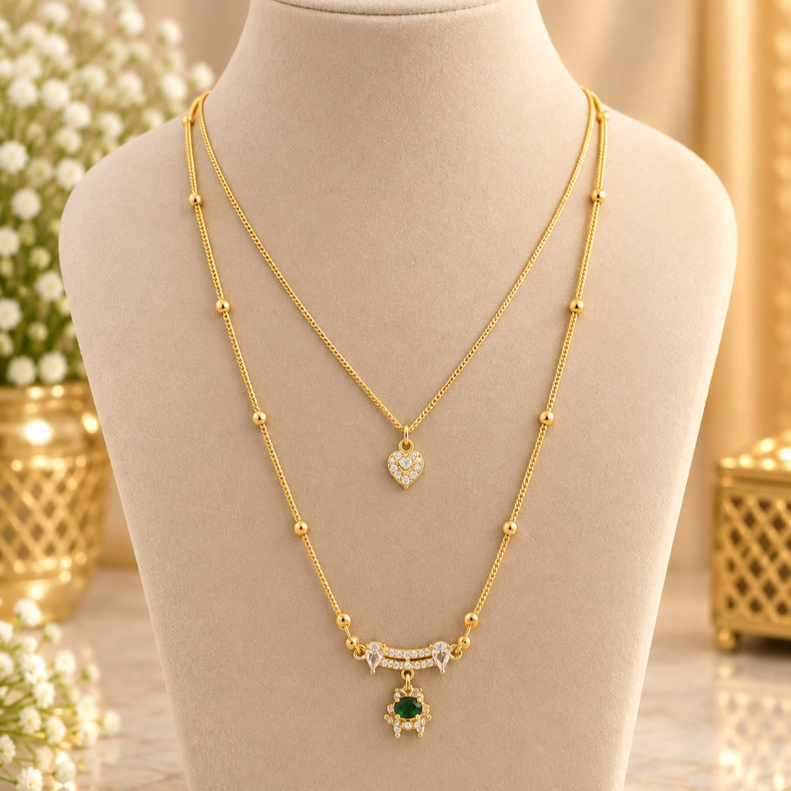 Exquisite Double Layered Gold Plated Mangalsutra with Green Stone Pendant